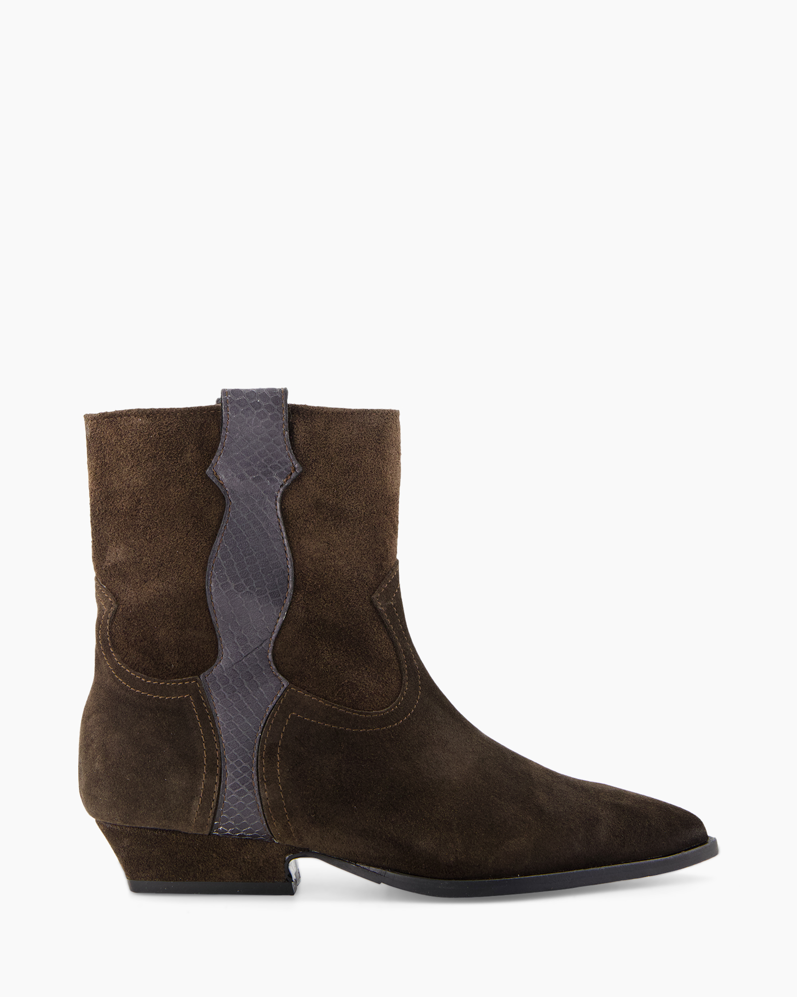 enkellaars, suède, bruin, western stijl, middelhoge hak