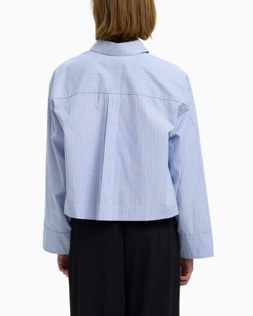 hemd met streep, blauw shirt, knopenkraag, oversized mouwen, kraag met kraag