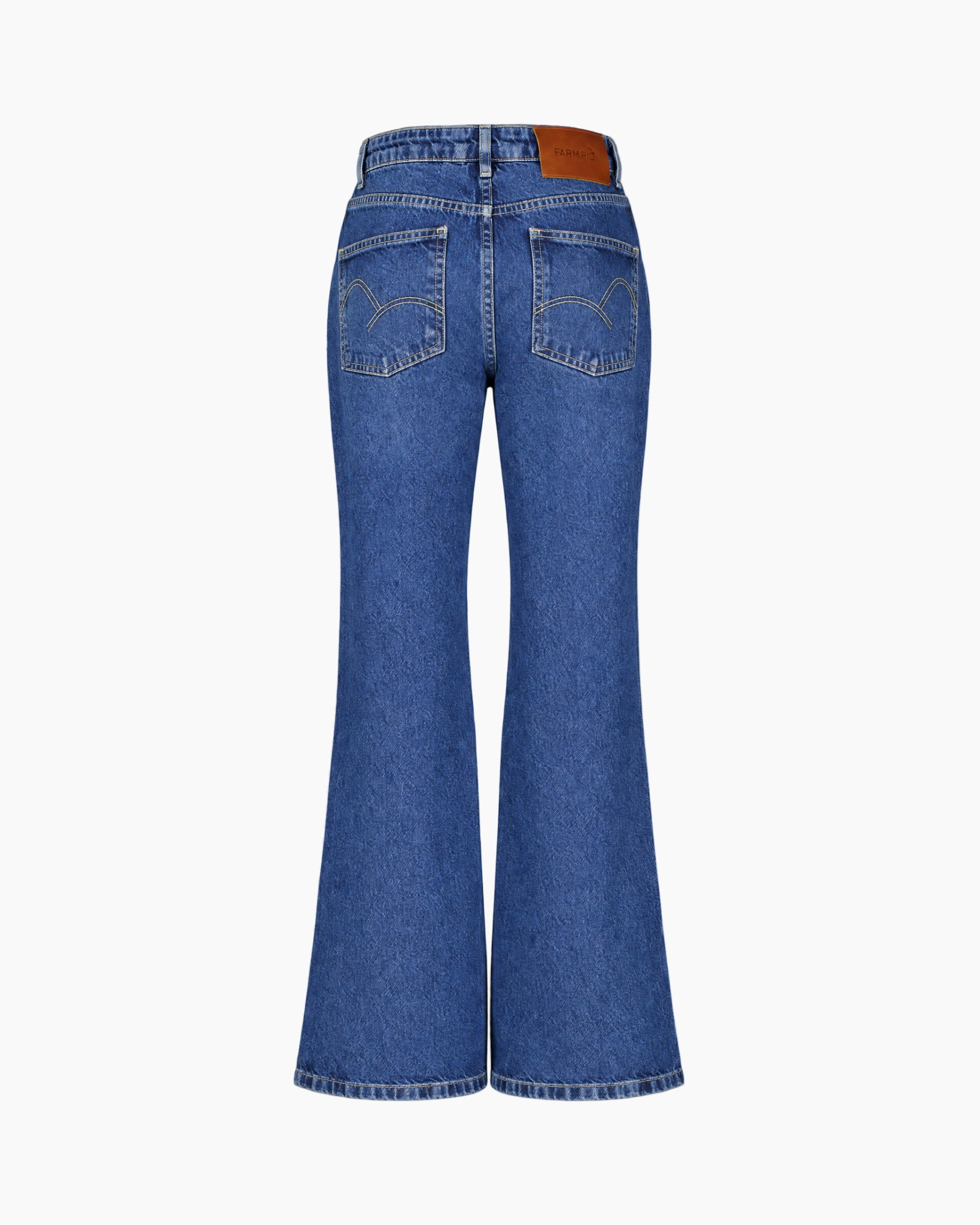 spijkerbroek, blauwe denim, uitlopende pijpen, versieringen met steentjes, vijf zakken