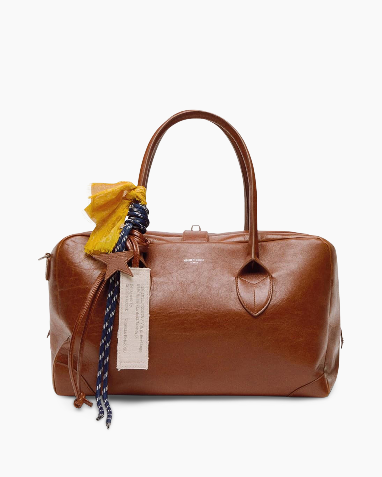 handtas, bruin leer, bovenhandvat, ritssluiting, decoratieve sjaal
