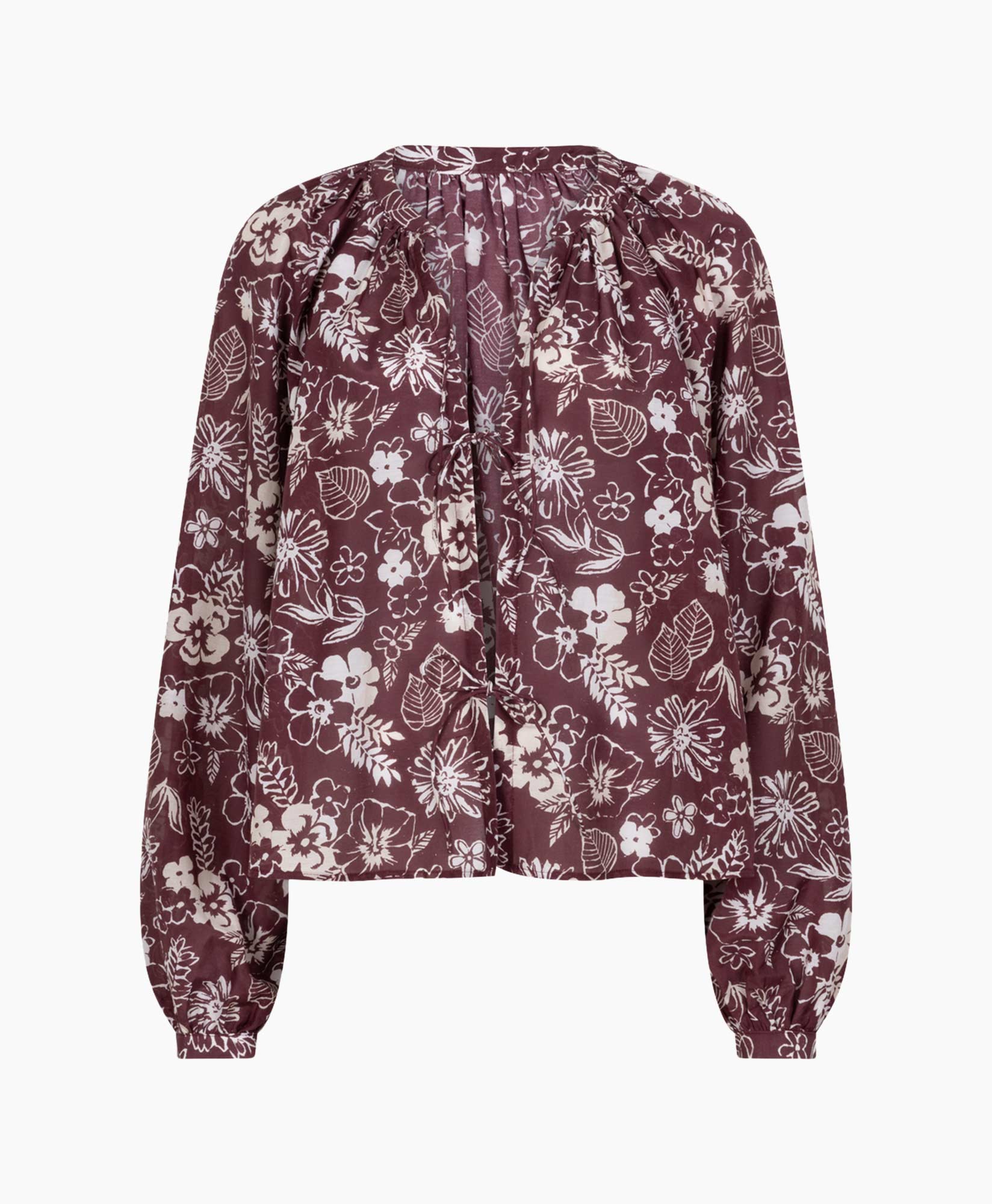 blouse, floral, lange mouwen, trossen/knoopjes, paars