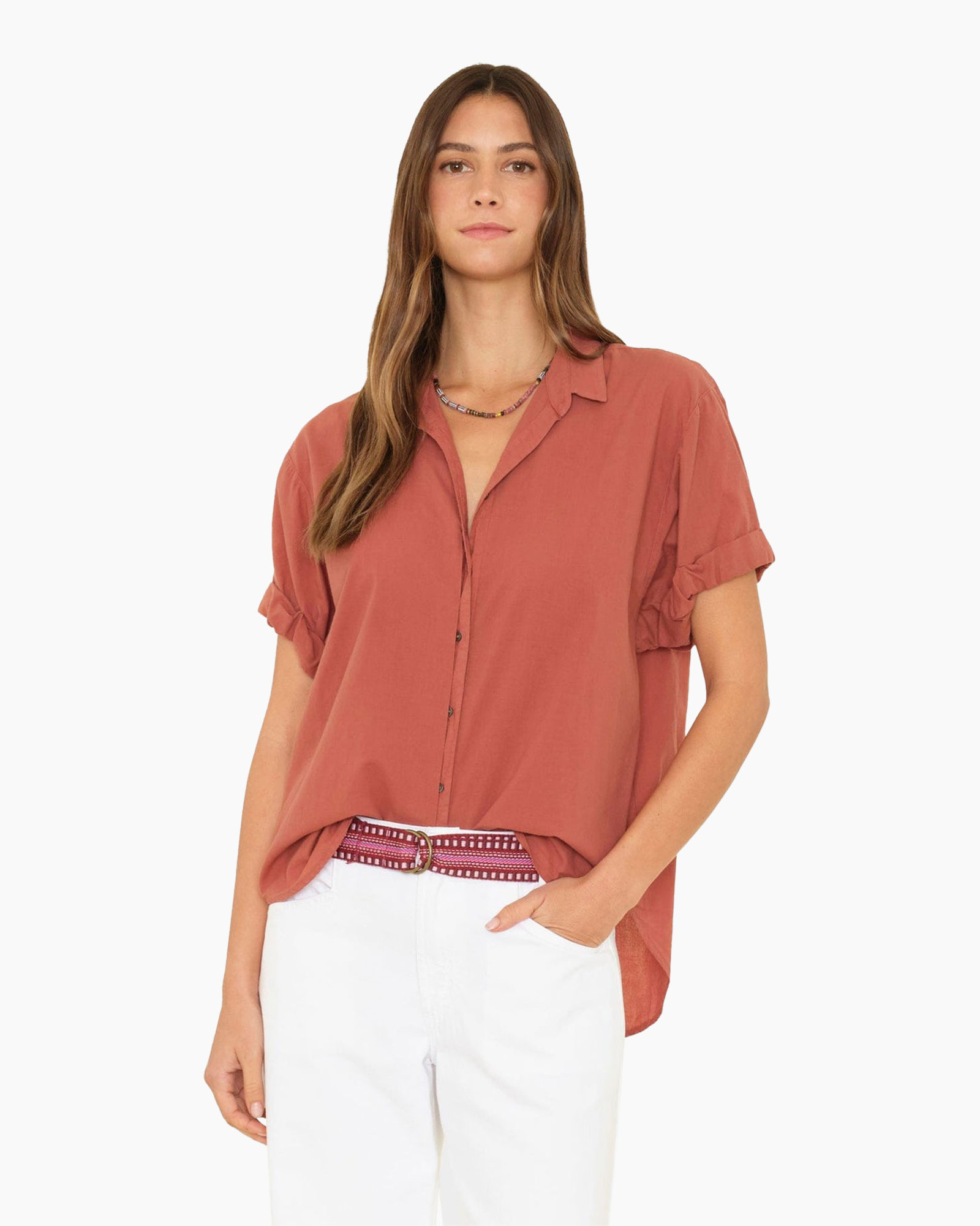 blouse, short sleeves, linen look, rust color, button front