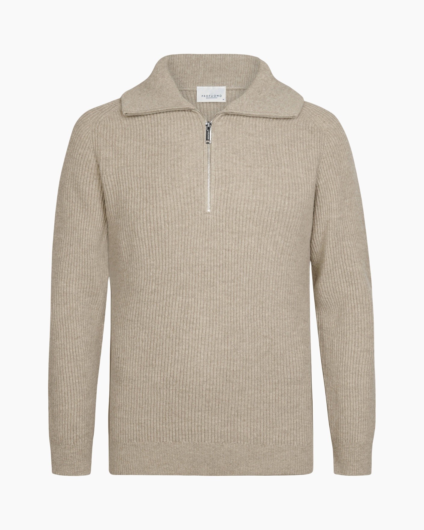 pull-over, brei, halve-rits, kraag, beige