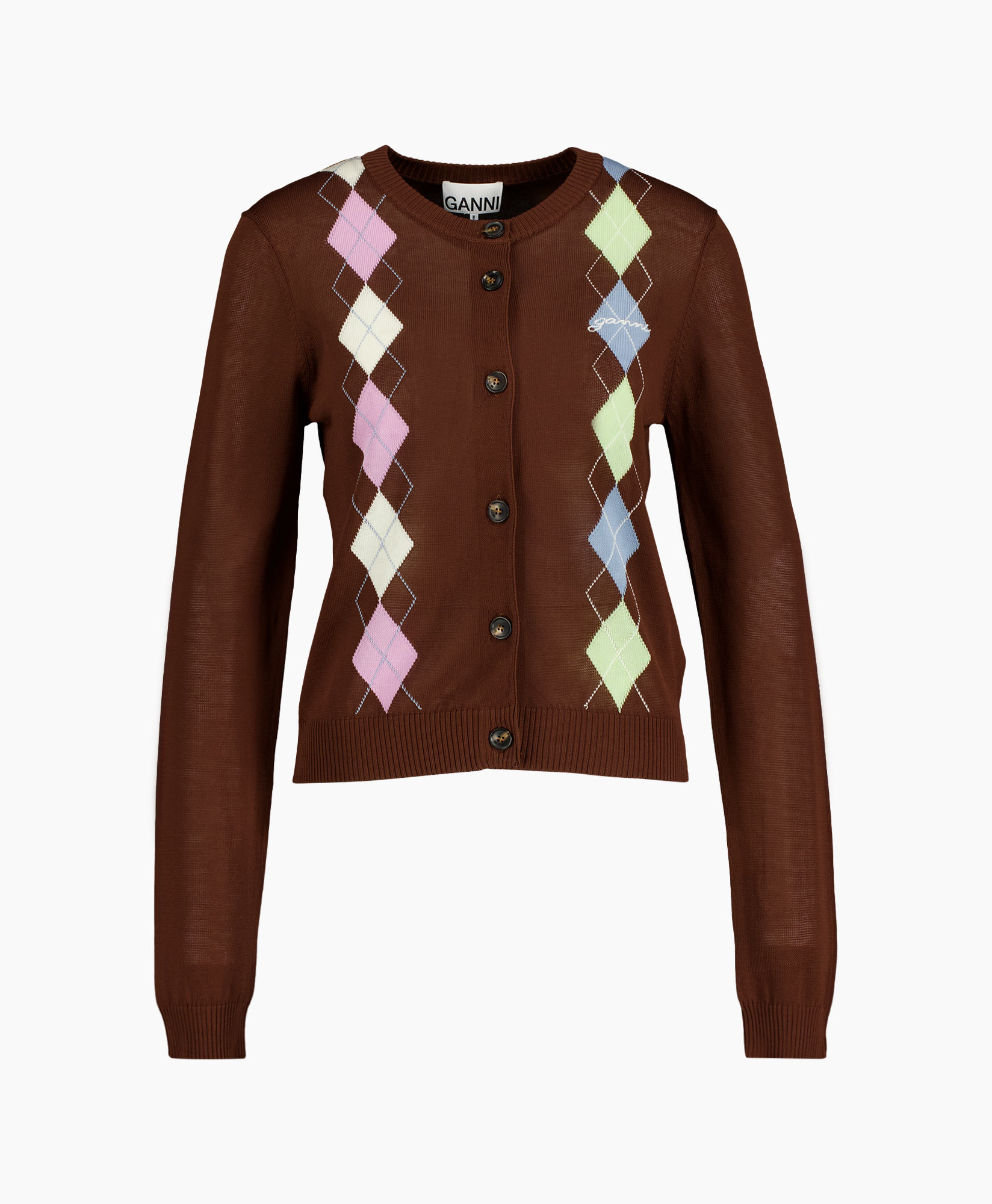 cardigan, argyle, bruin, gebreid, knopen