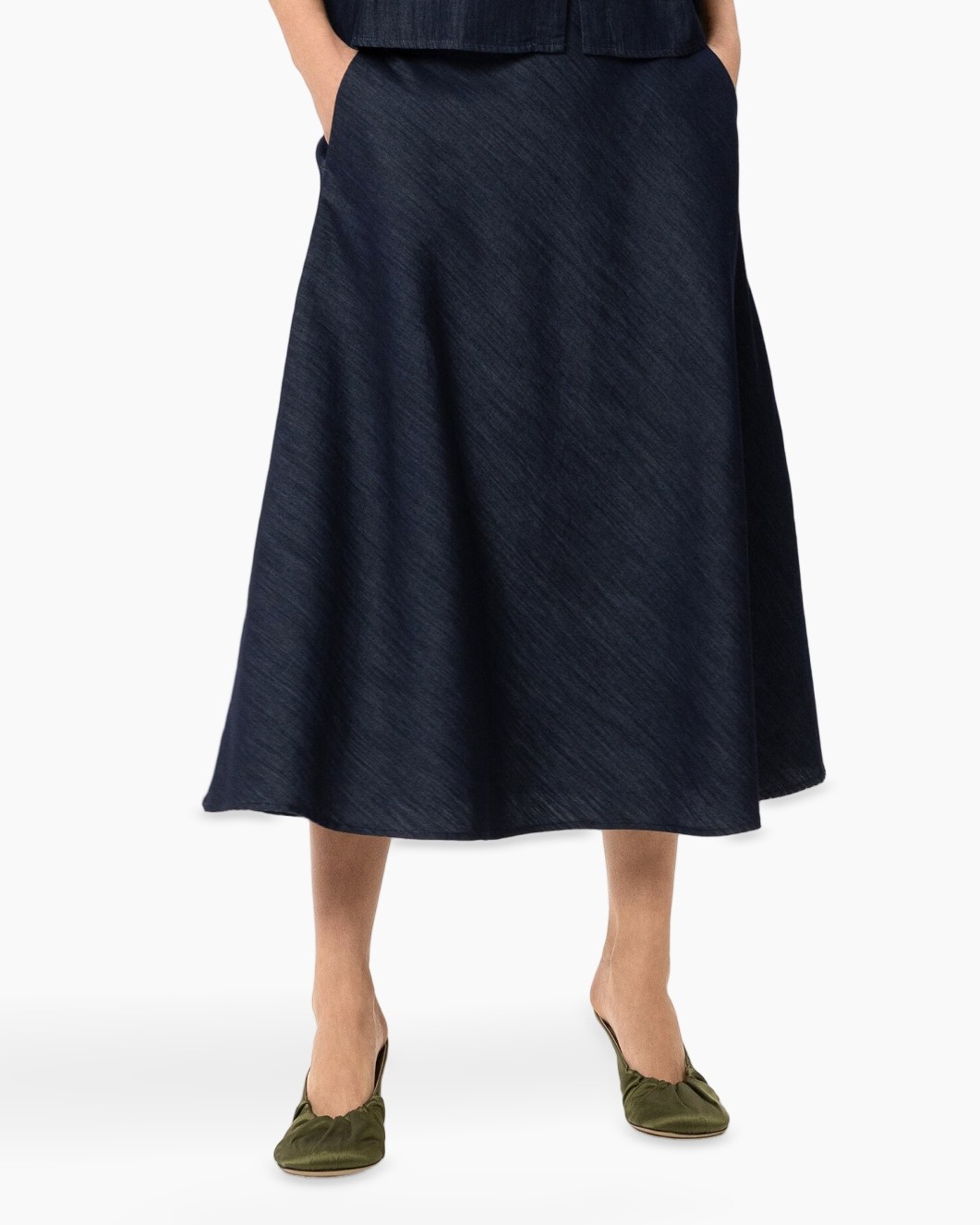 rokkenrok, middellang, navy, linnenmengsel, slip-on schoenen