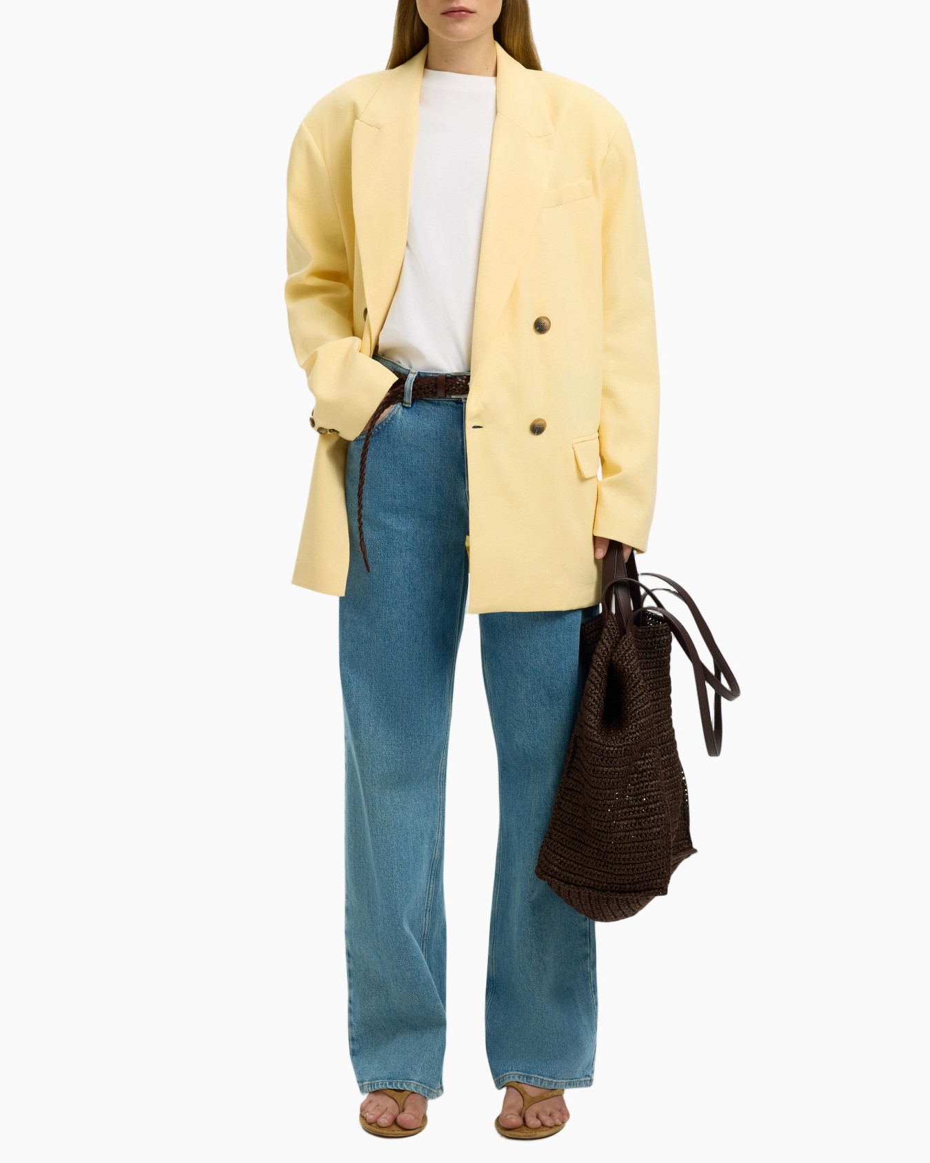 blazer, geel, langemouw, zak, denim jeans