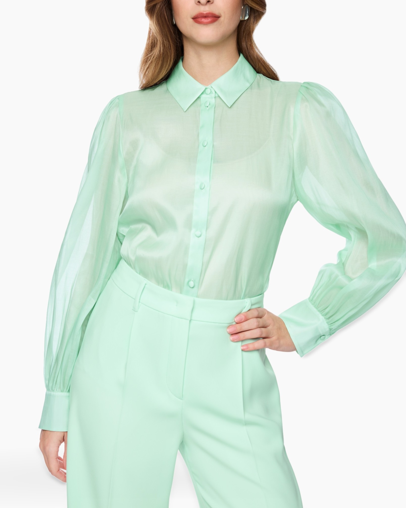 hemd, blouse, mintgroen, kraag, pofmouw