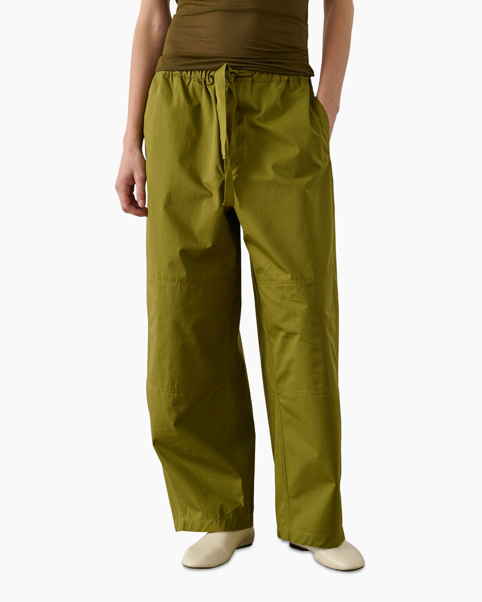 pants, drawstring, olive, wide-leg, pockets