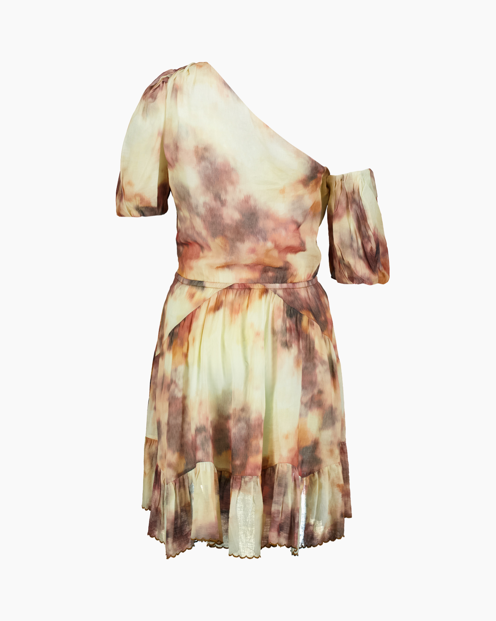 dress, tie-dye, one-shoulder, ruffled, short-sleeve