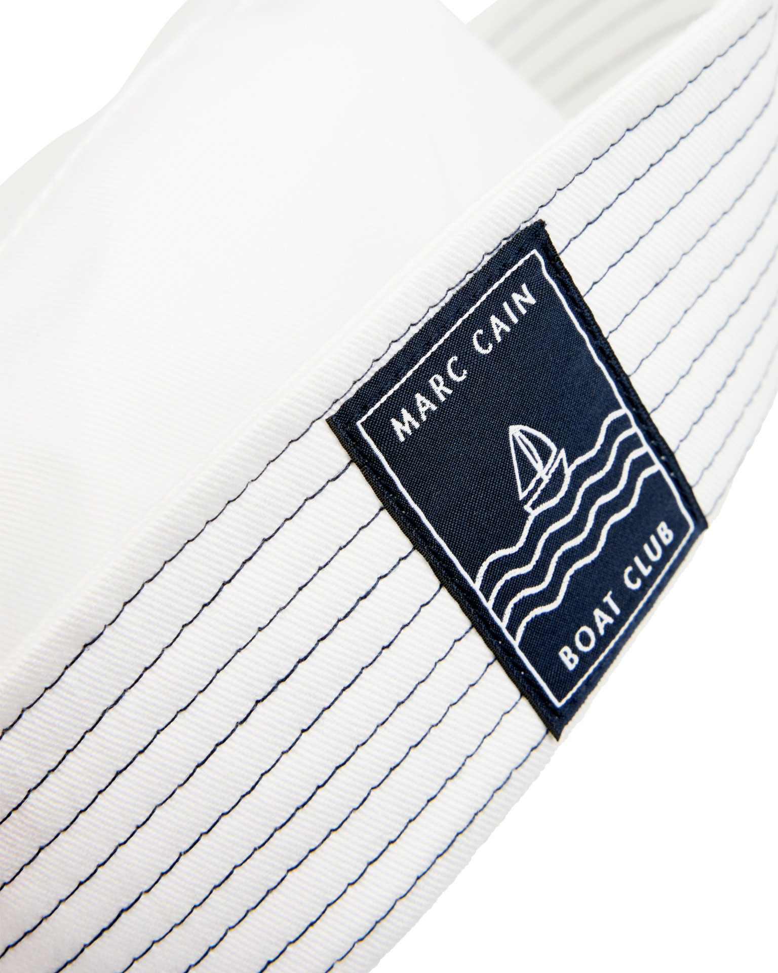 visor, white, striped, navy patch, boat club