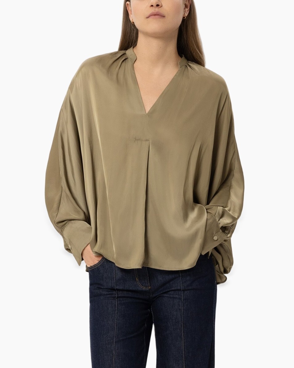 blouse, kraagloze top, zijde, olijf, lange mouw
