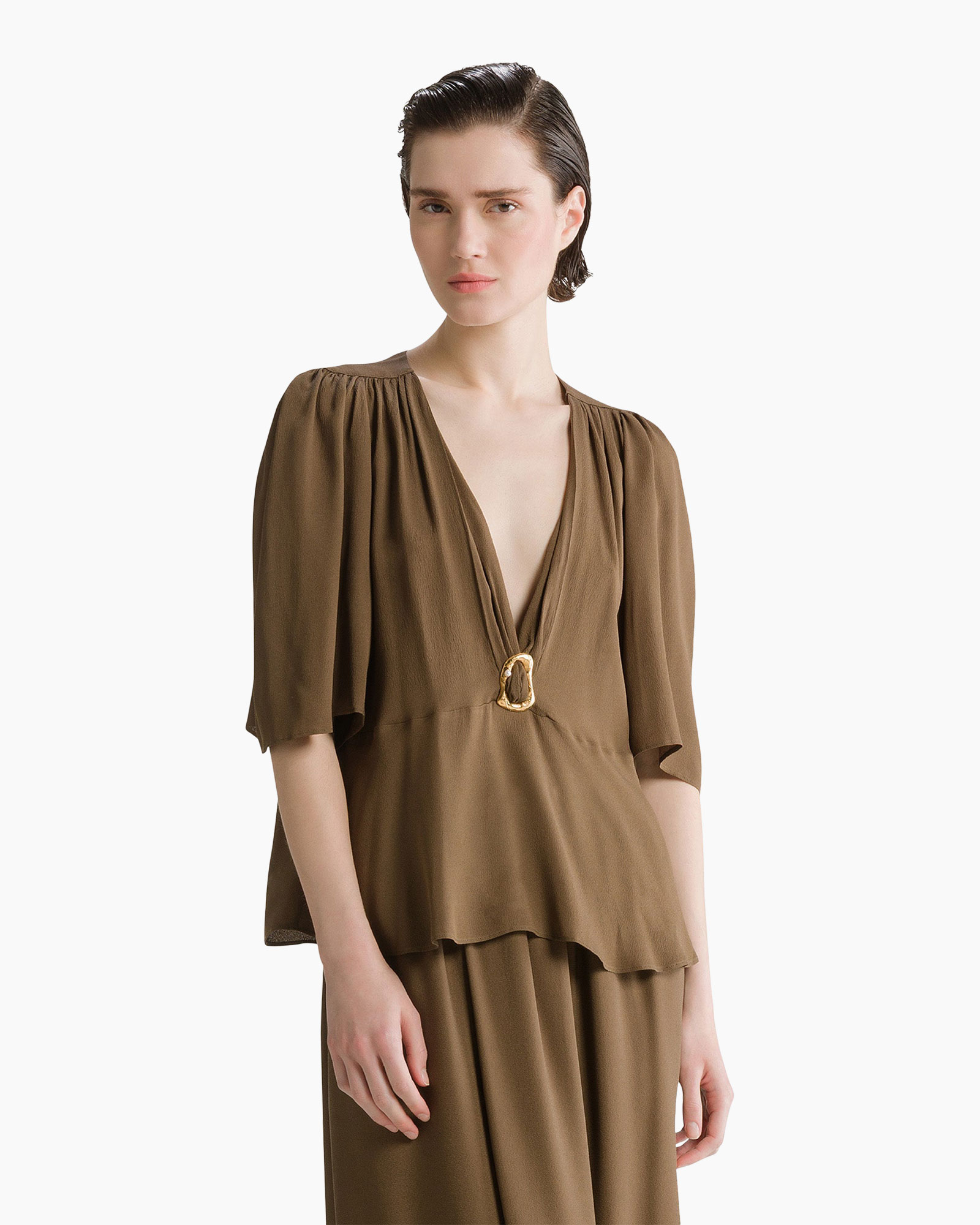 maxi, bruin, wrap-top, diepe-v, riemsluit
