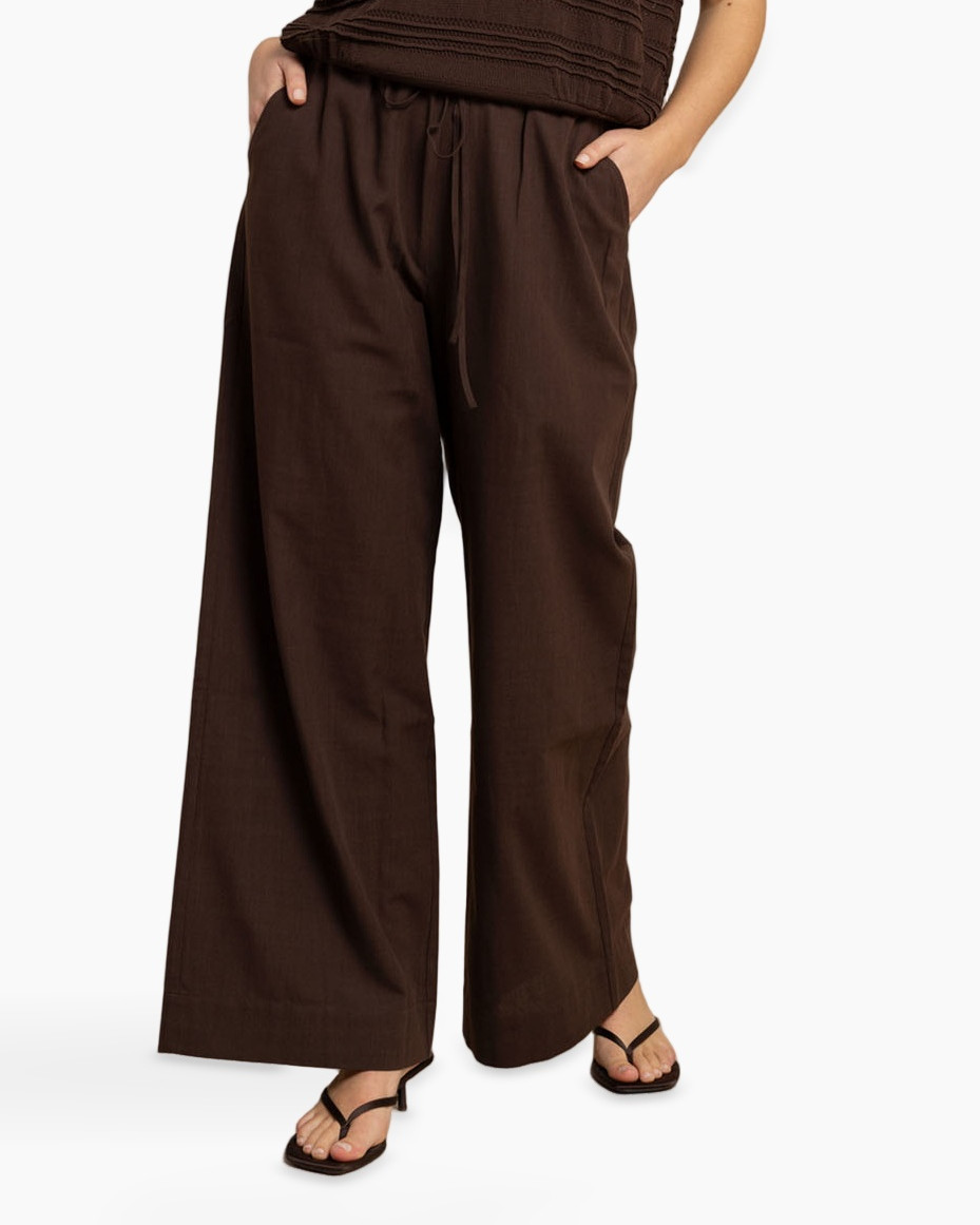 broek, wijd uitlopende, touwkoord, bruin, linnen?