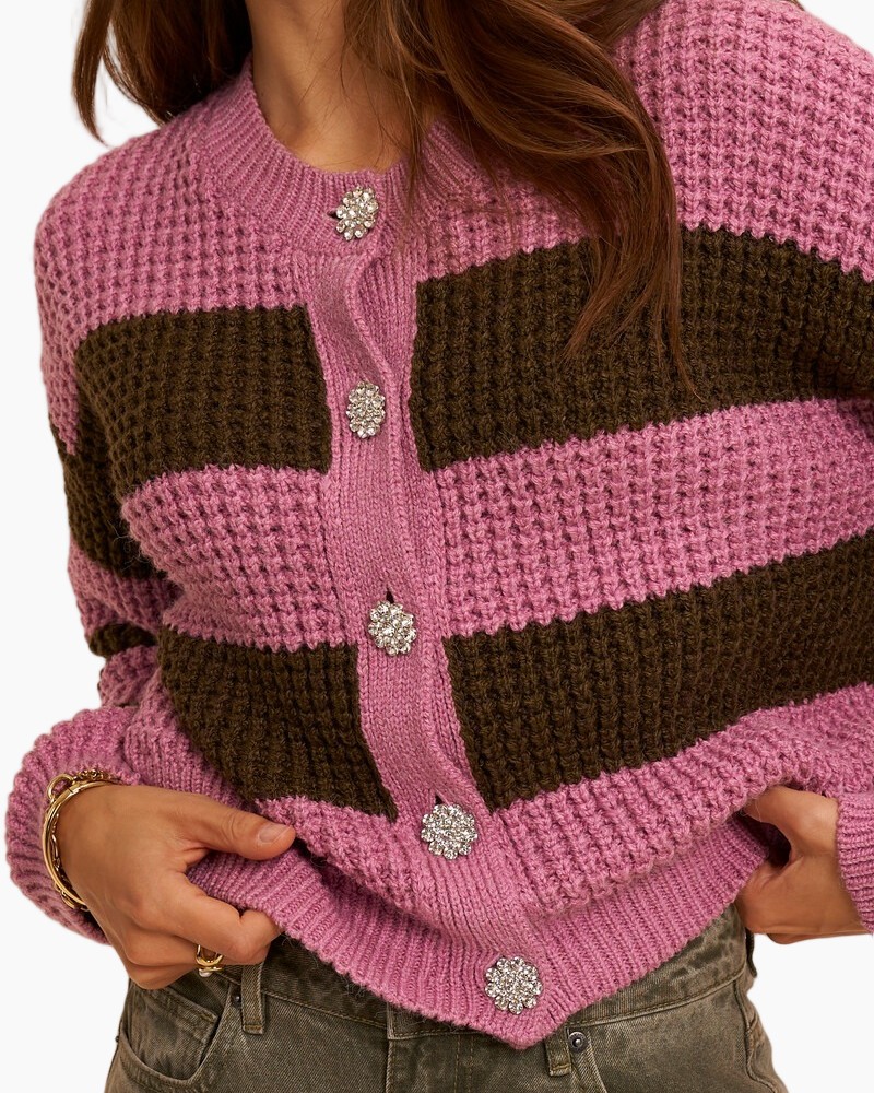 cardigan, roze, brei, gestreept, knopen