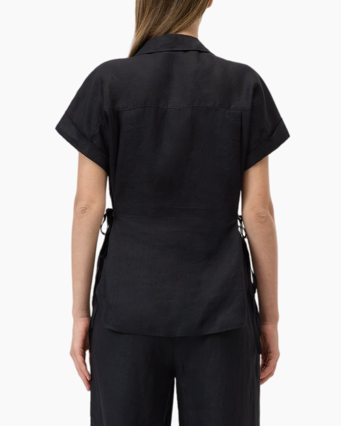 button-down, short-sleeve, linen, black, top