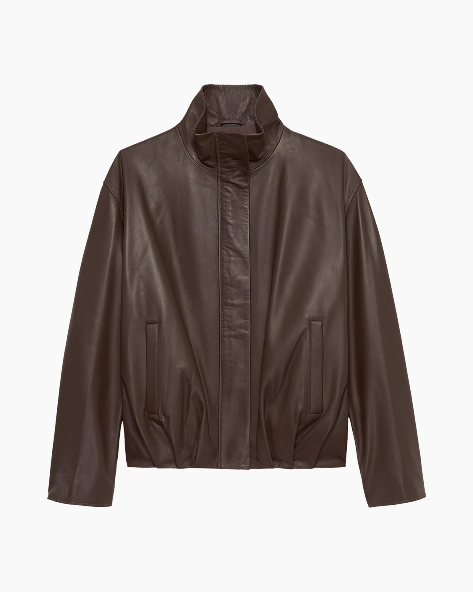 leder, jas, bruin, kraagloze opstaande kraag, zakken