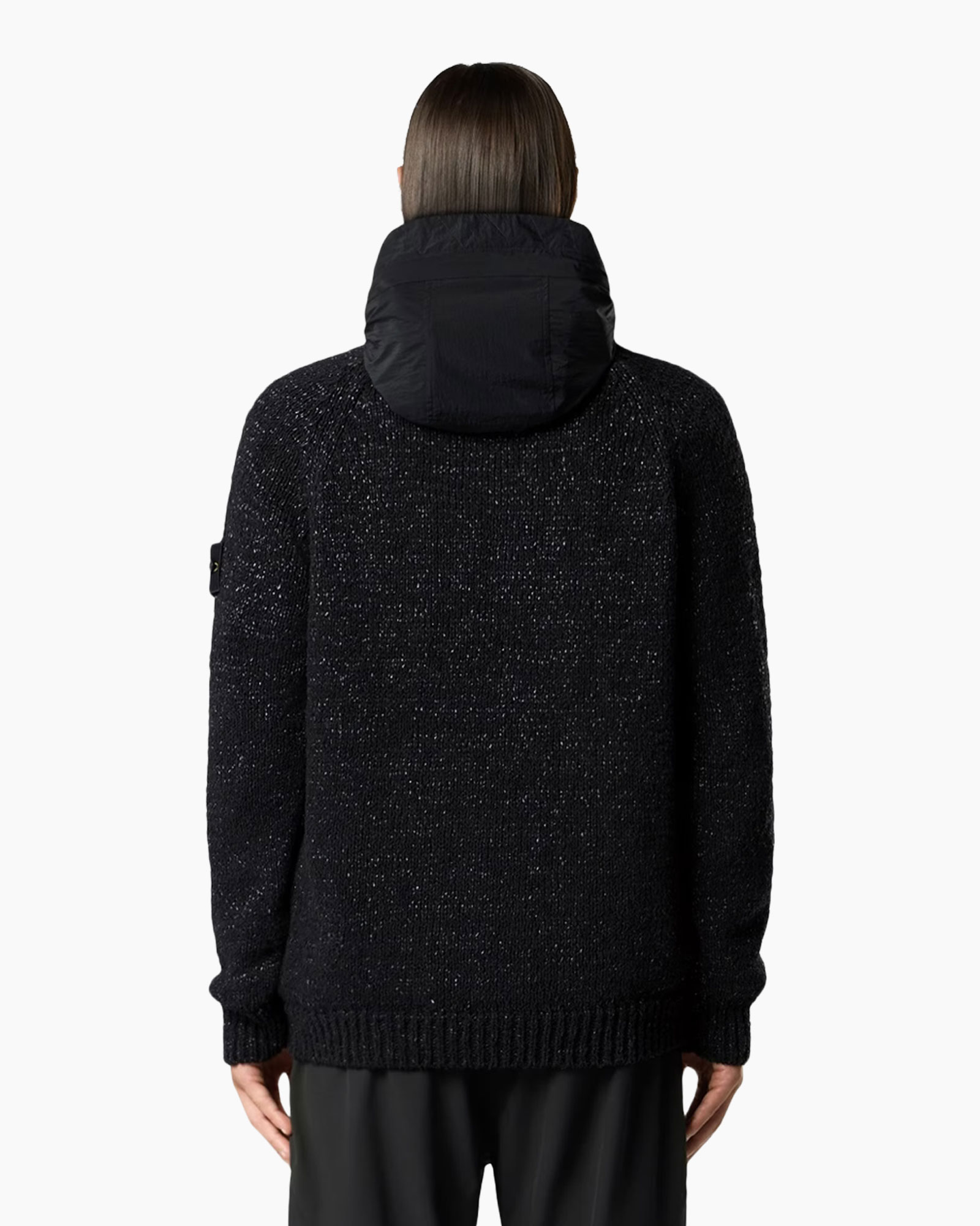 hooded cardigan, gebreide jas, zwart, volledige rits, textuur brei