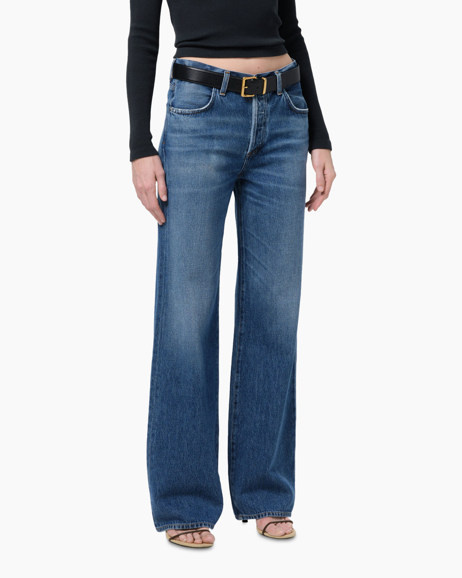 broeken, wijd uitlopend, denim, blauw, riem