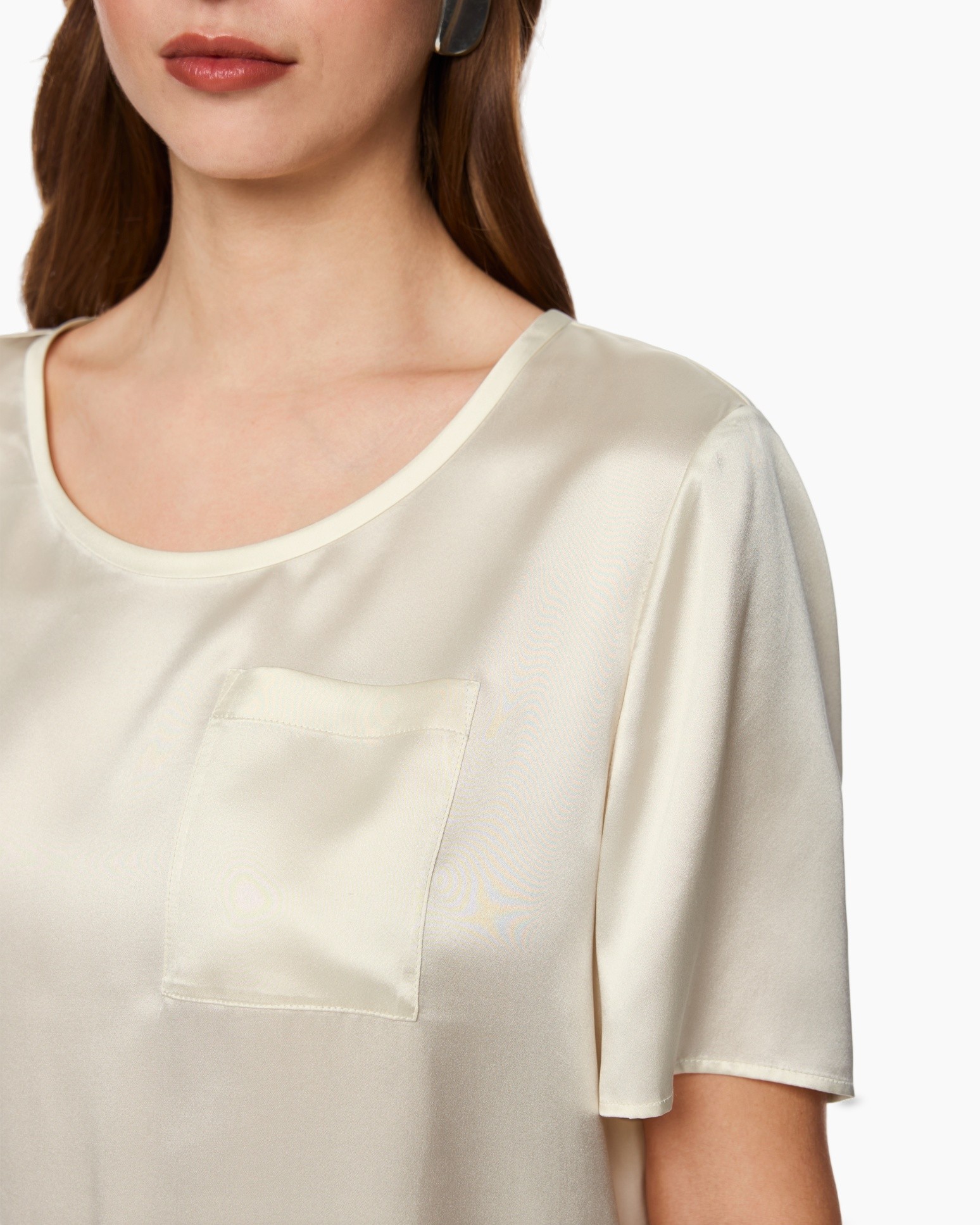 zijden, blouse, korte mouw, zak, crème