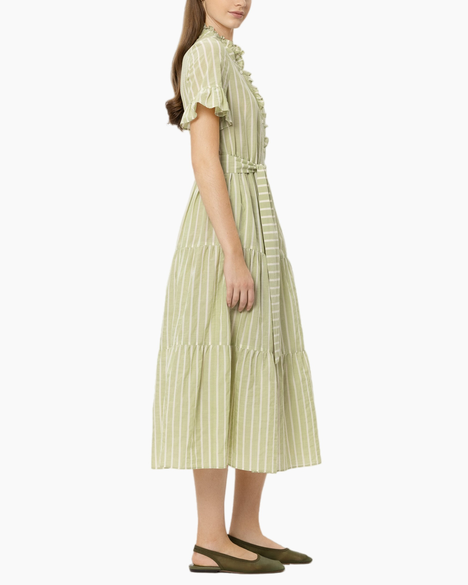 jurk, groen, gestreept, linnen, midi