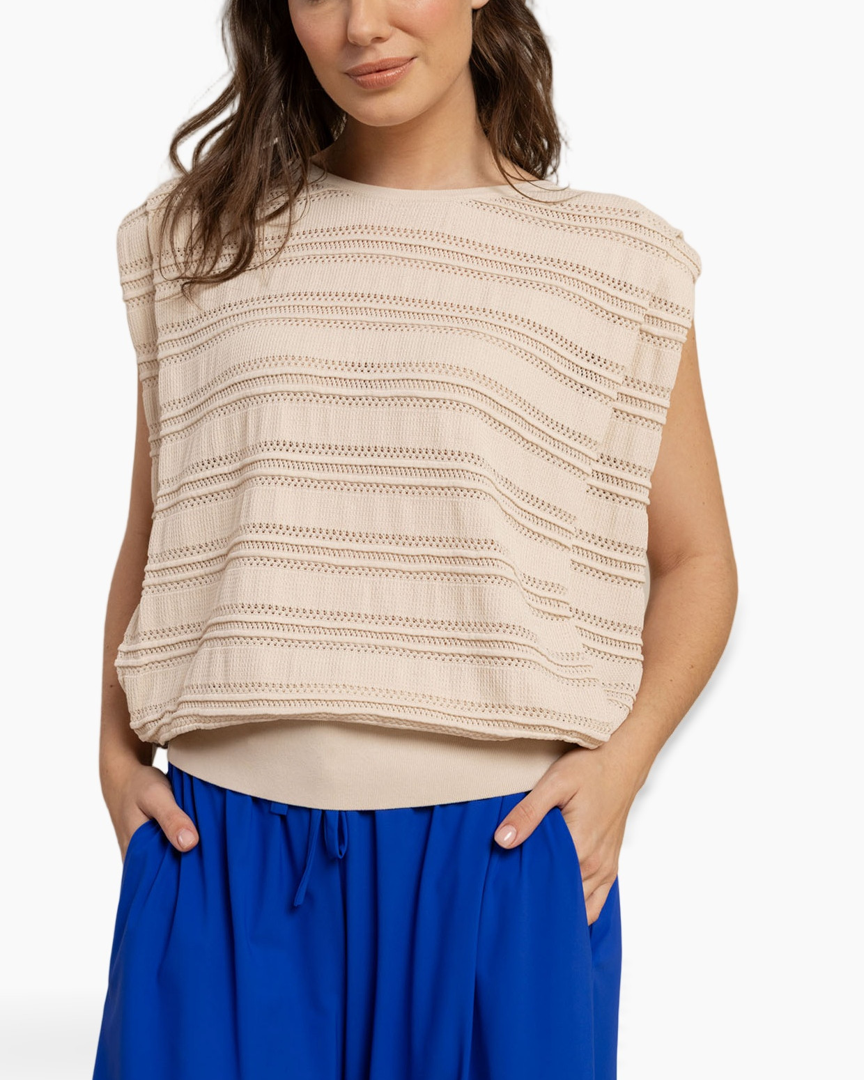 top zonder mouwen, breiTop, beige, gebreid patroon, casual top