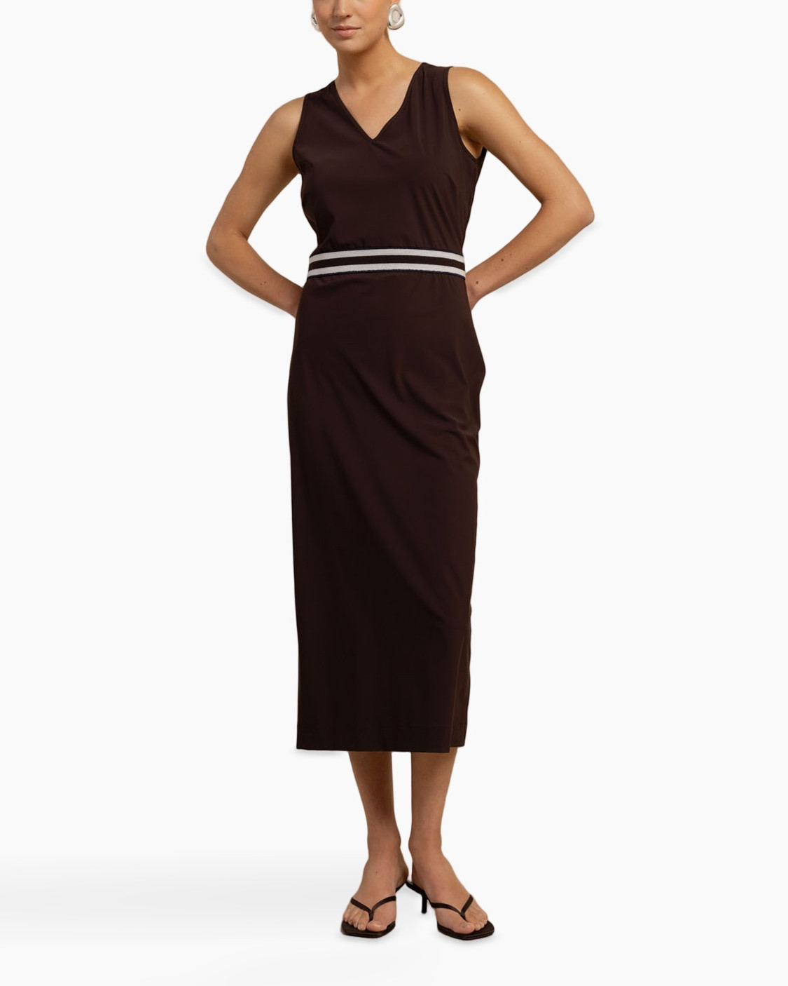 dress, mid-length, brown, sleeveless, belted-wit h-stripe
