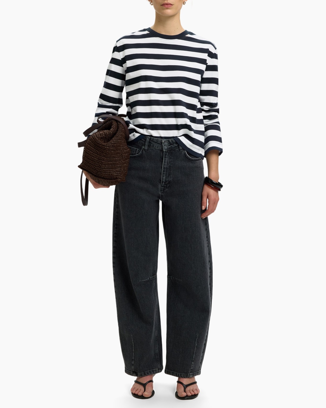 gestreepte blouse, lange mouwen, marineblauw wit, ronde hals, casual pasvorm