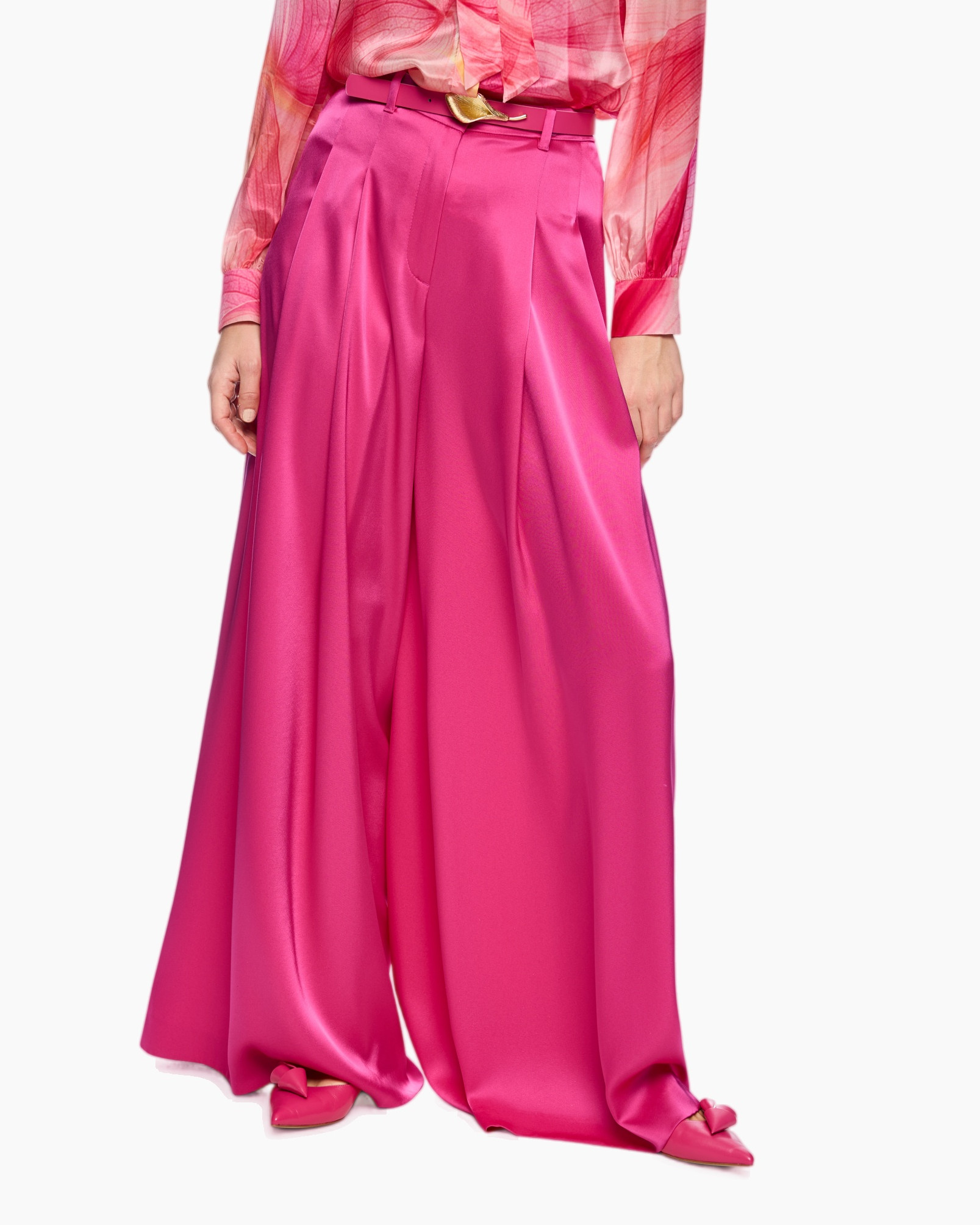 roze, wijdemet-pantalon, broek, zijden, riem