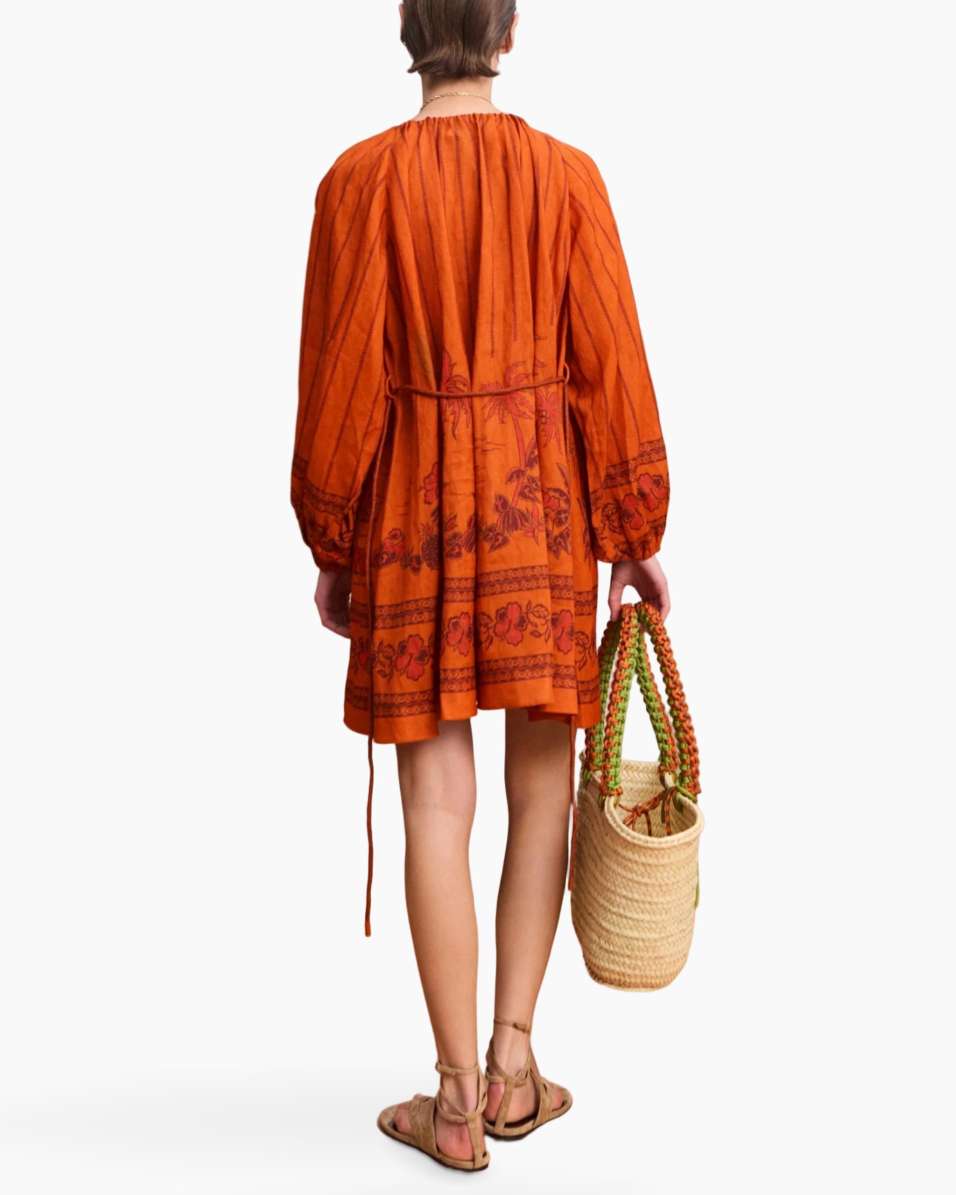 oranje jurk, boho jurk, lange mouwen, korte jurk, geweven tote tas