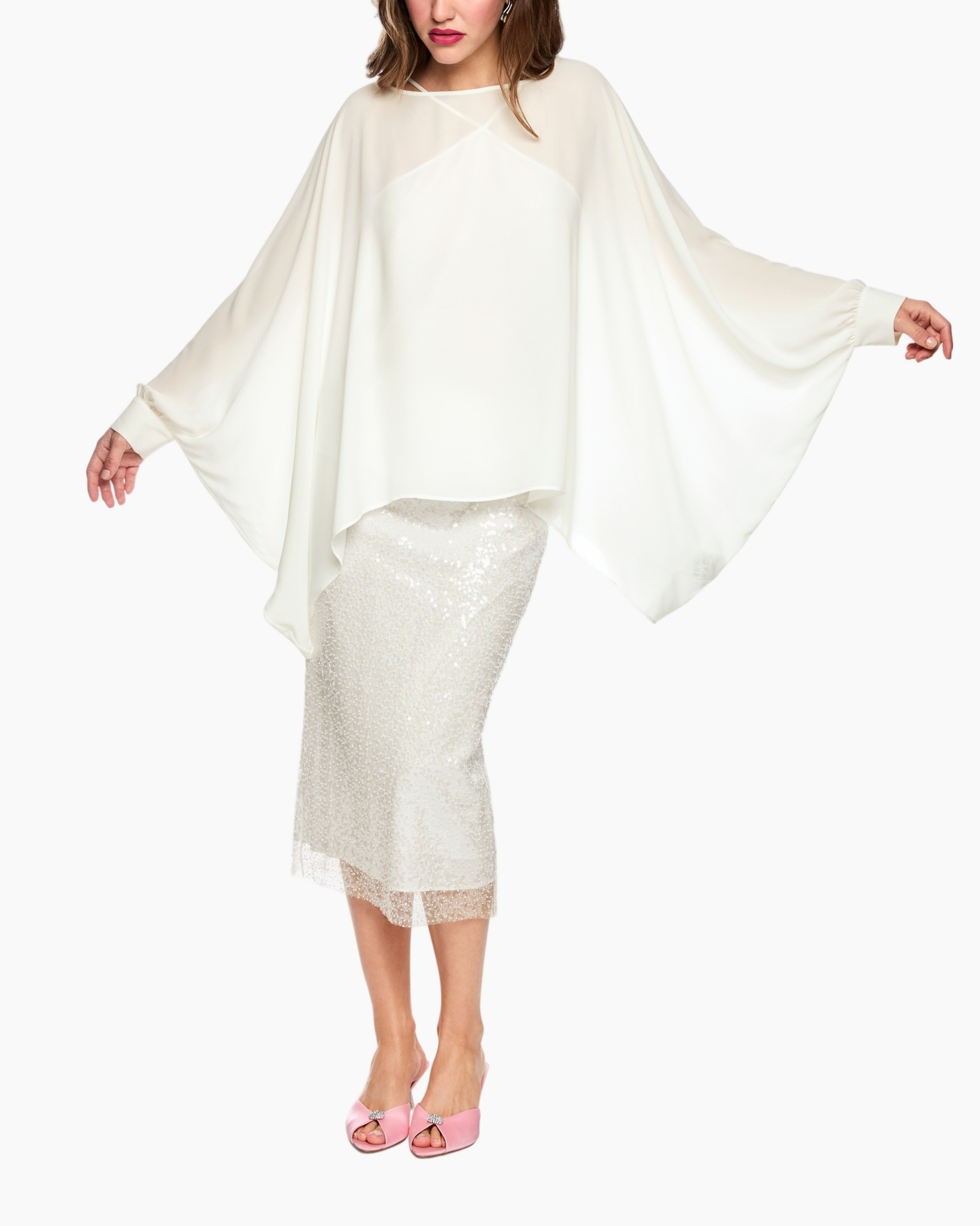 cape, white, blouse, pompom?, sequins skirt?