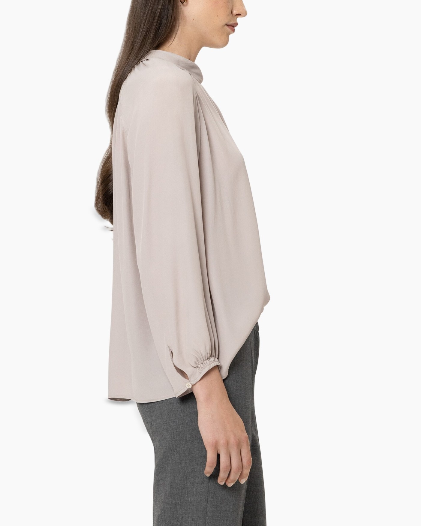 blouse, lange mouwen, hoge kraag, beige, vachtboord