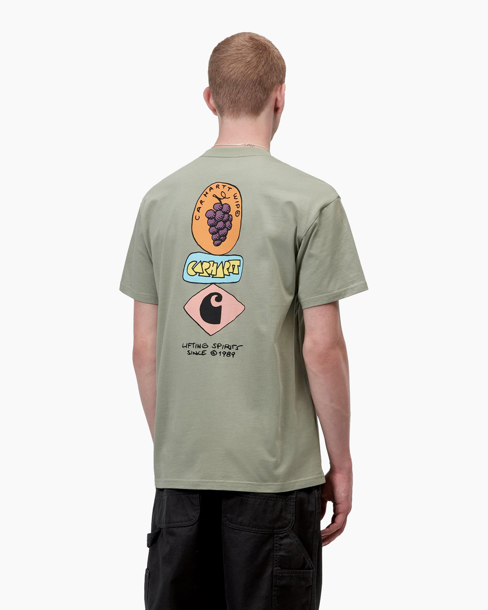 t-shirt, korte mouwen, grafisch, rugontwerp, olijfkleur