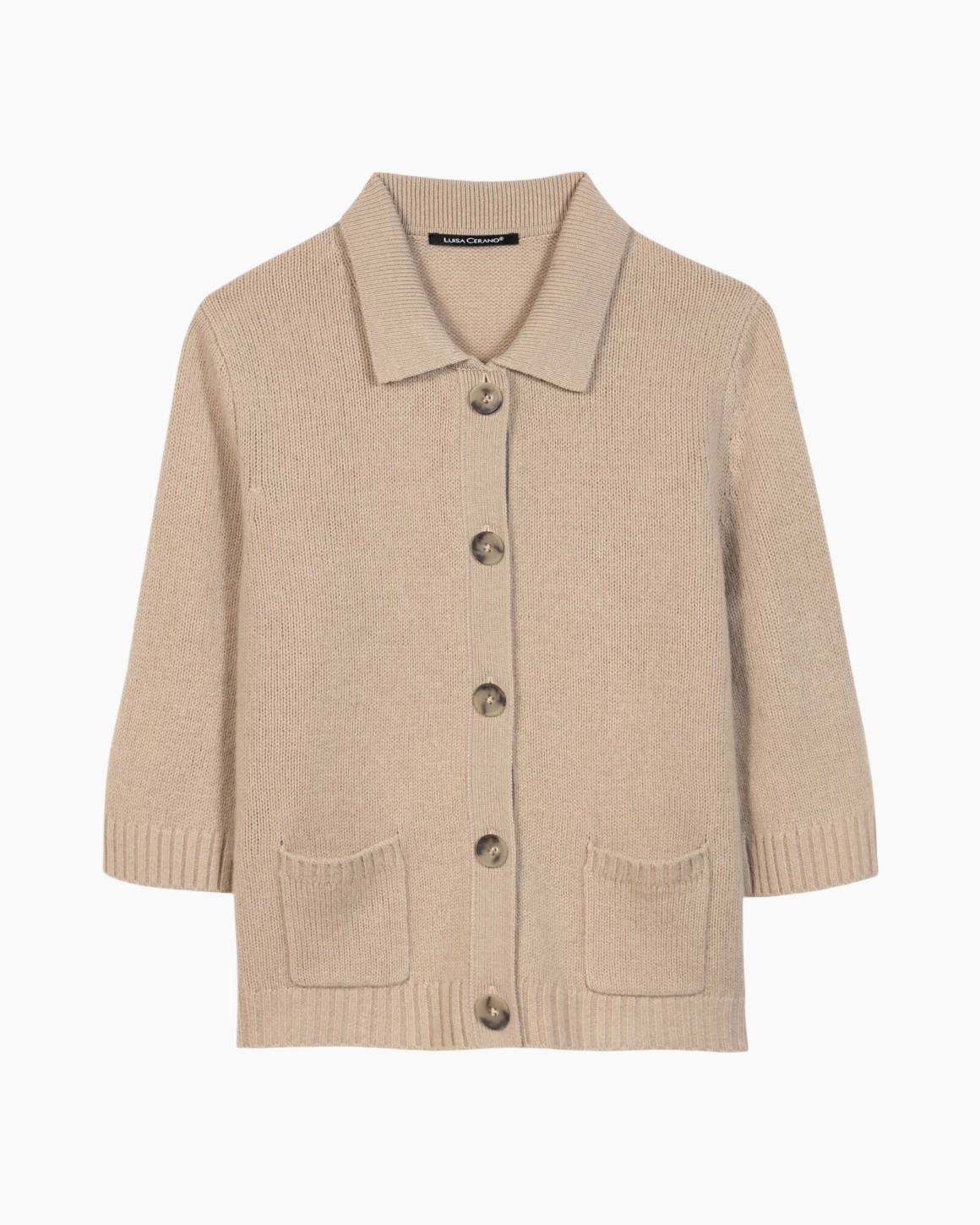 cardigan, beige, gebreid, knopsluiting, zakken