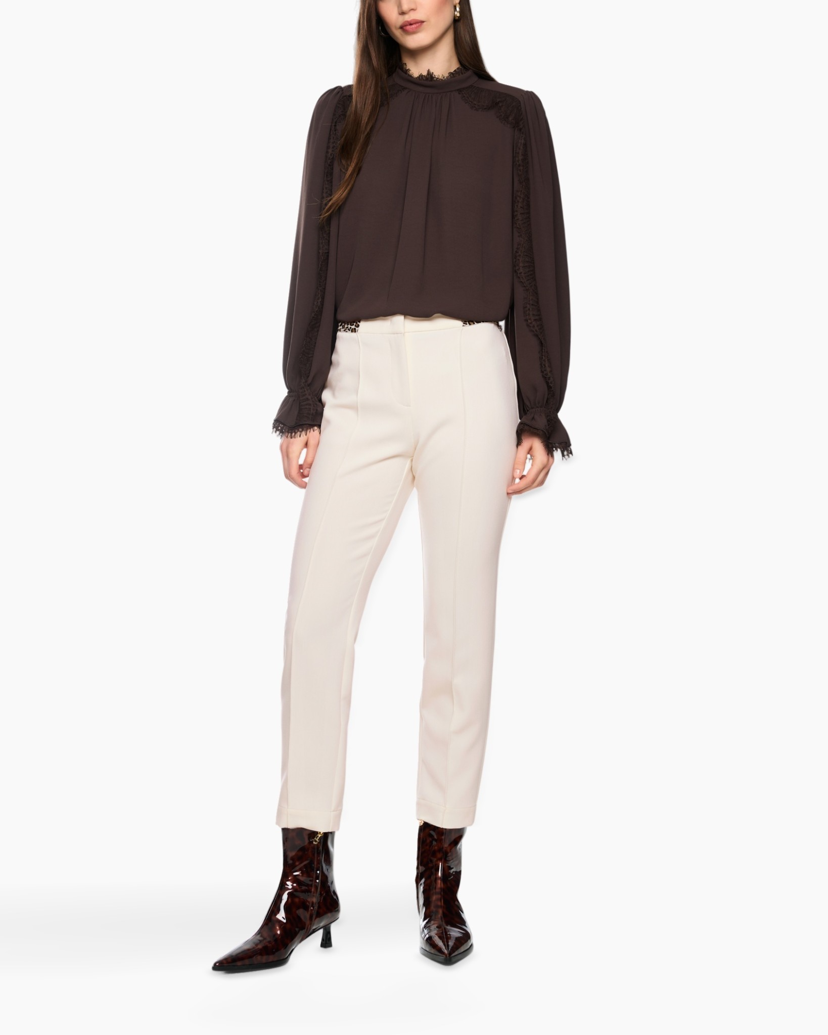 blouse, lange mouwen, doorschijnend, ruches, hoge nek