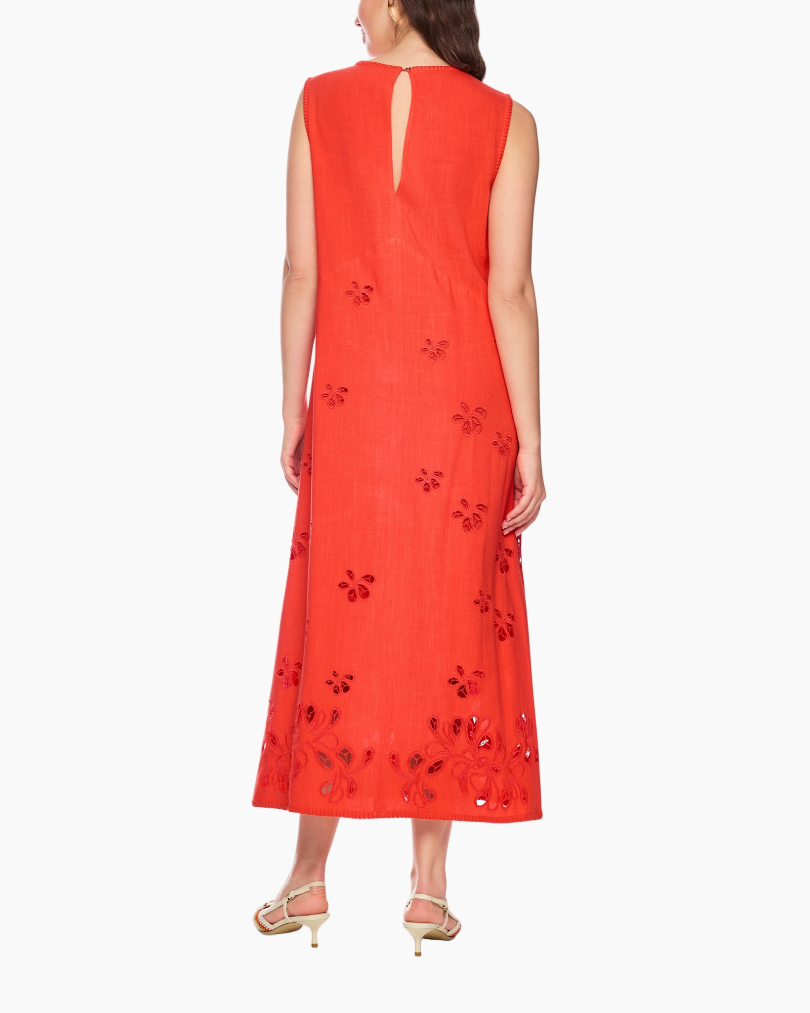 jurk, maxi, oranje, borduursel, mouwloos