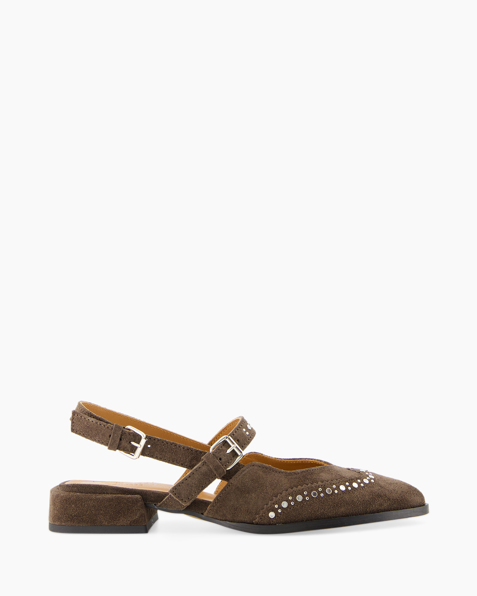 bruin, suede, platte, lage hak, bandjes