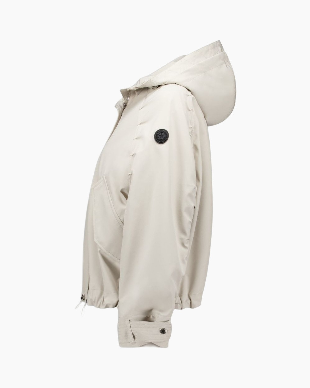 hooded jacket, beige, puffer, windbreaker, patch pocket