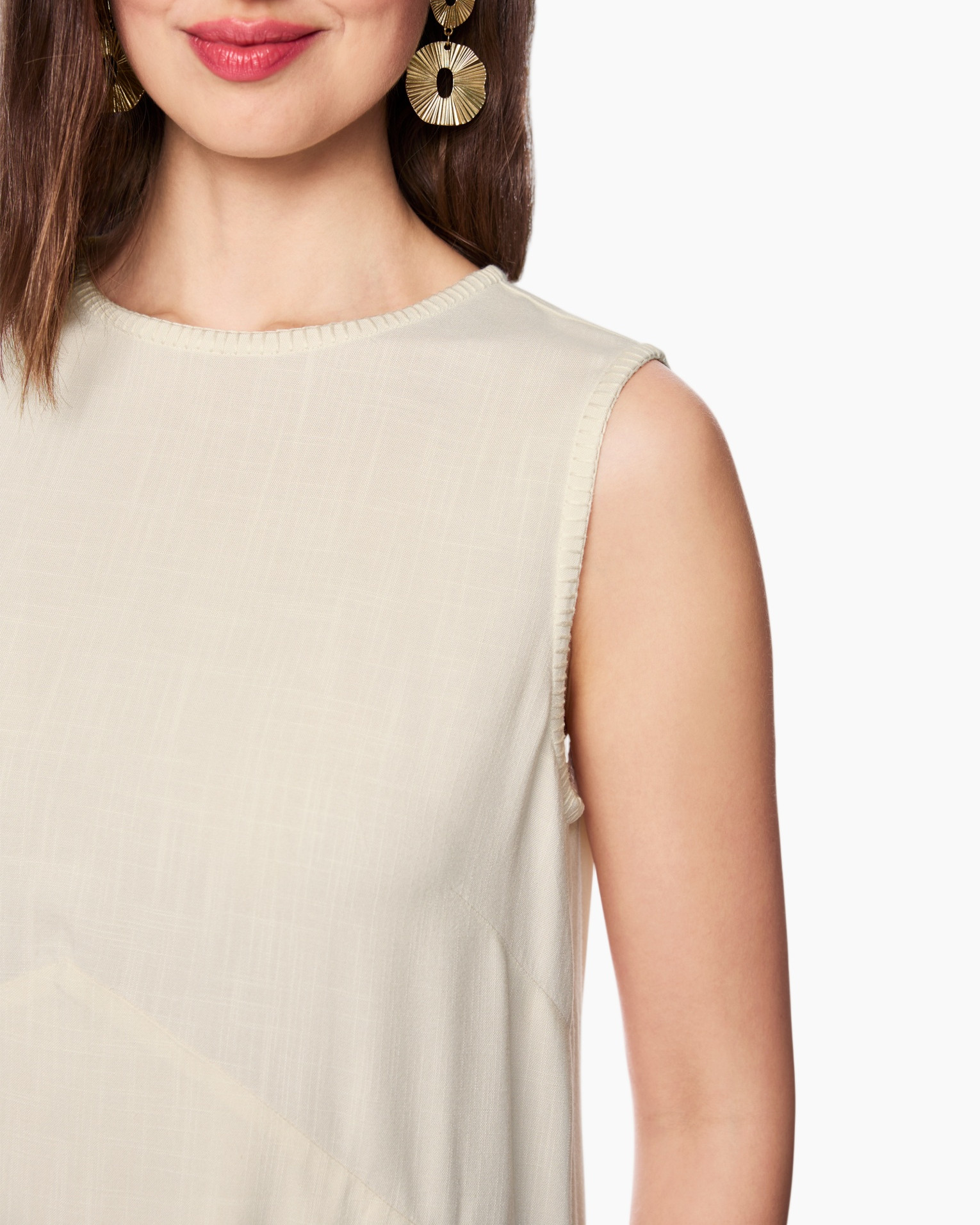 sleeveless top, beige, crew neck, light linen, simple silhouette