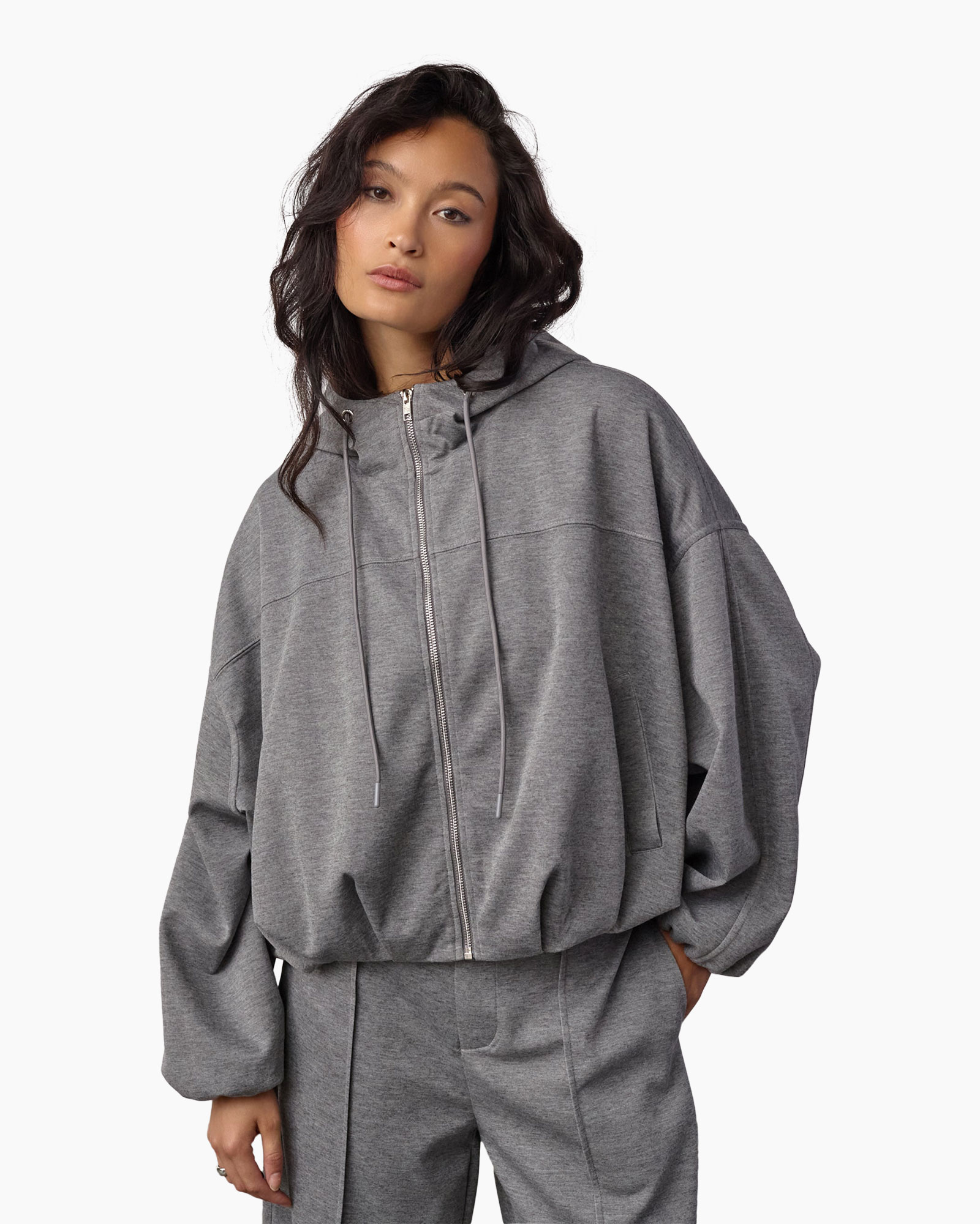 hoodie, hoodie met ritssluiting, grijs,  oversized, trekkoord
