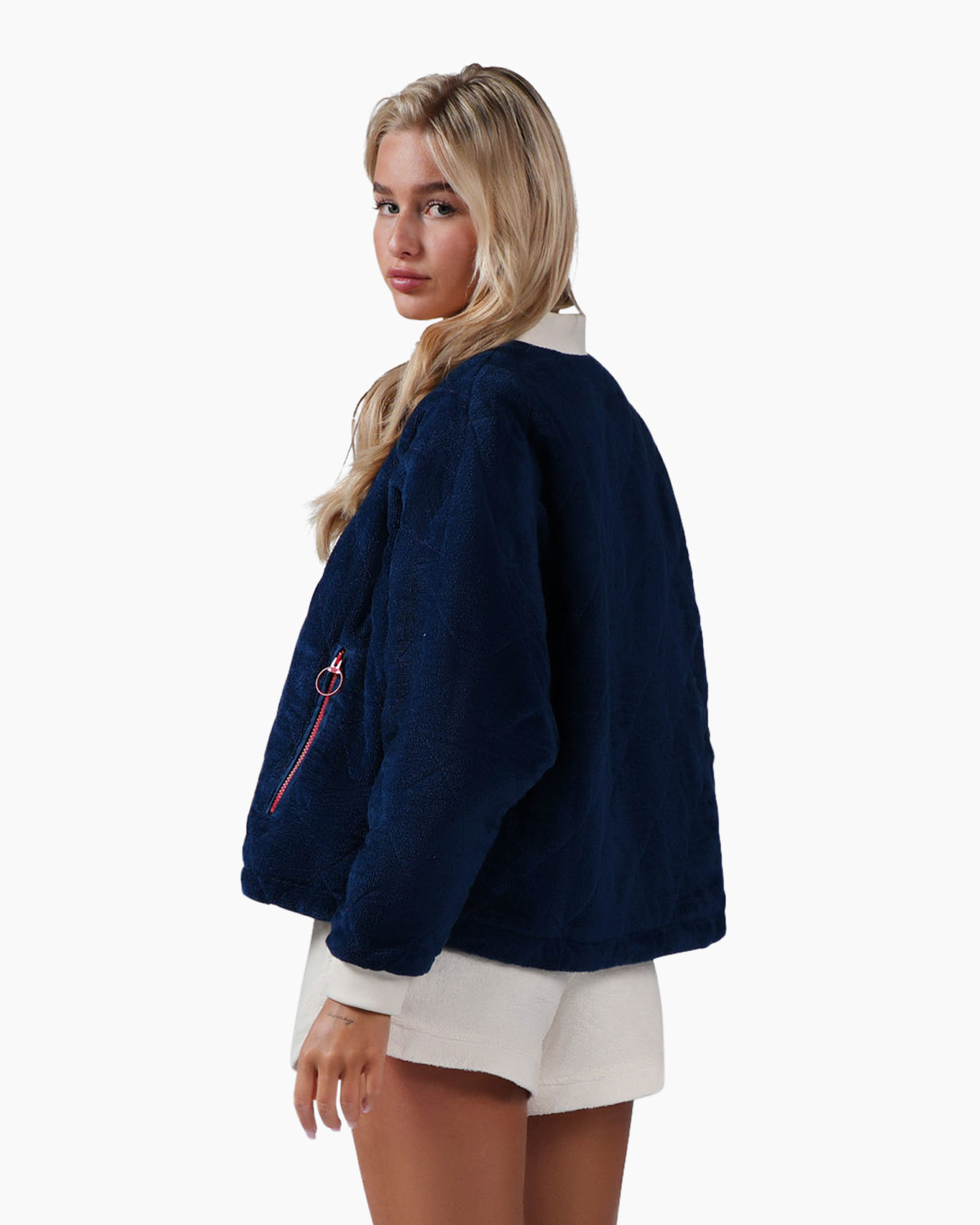 navy jacket, fleece','zipper pocket, long sleeve, cold weather