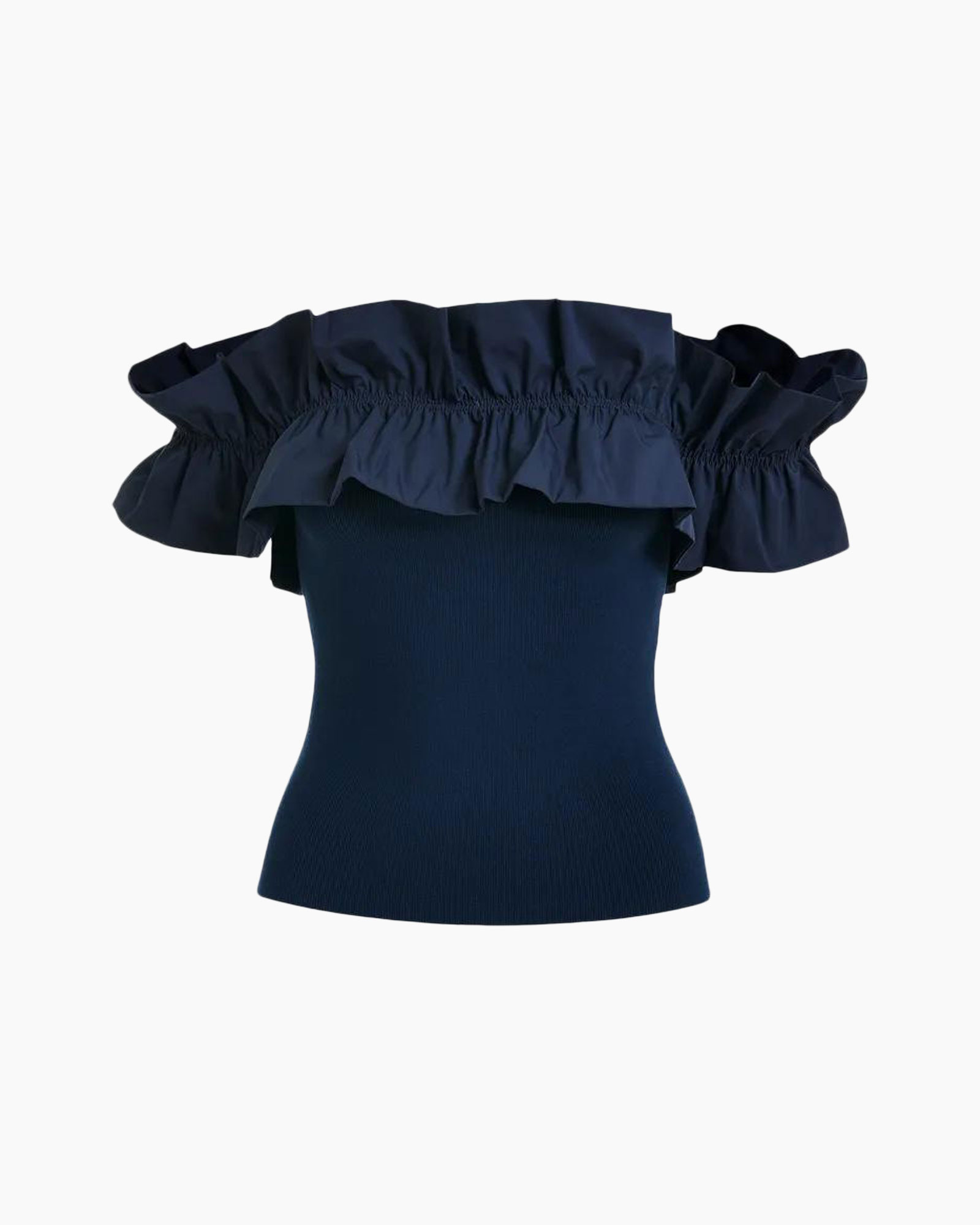 off-shoulder, ruffle, navy, knit top, women's top