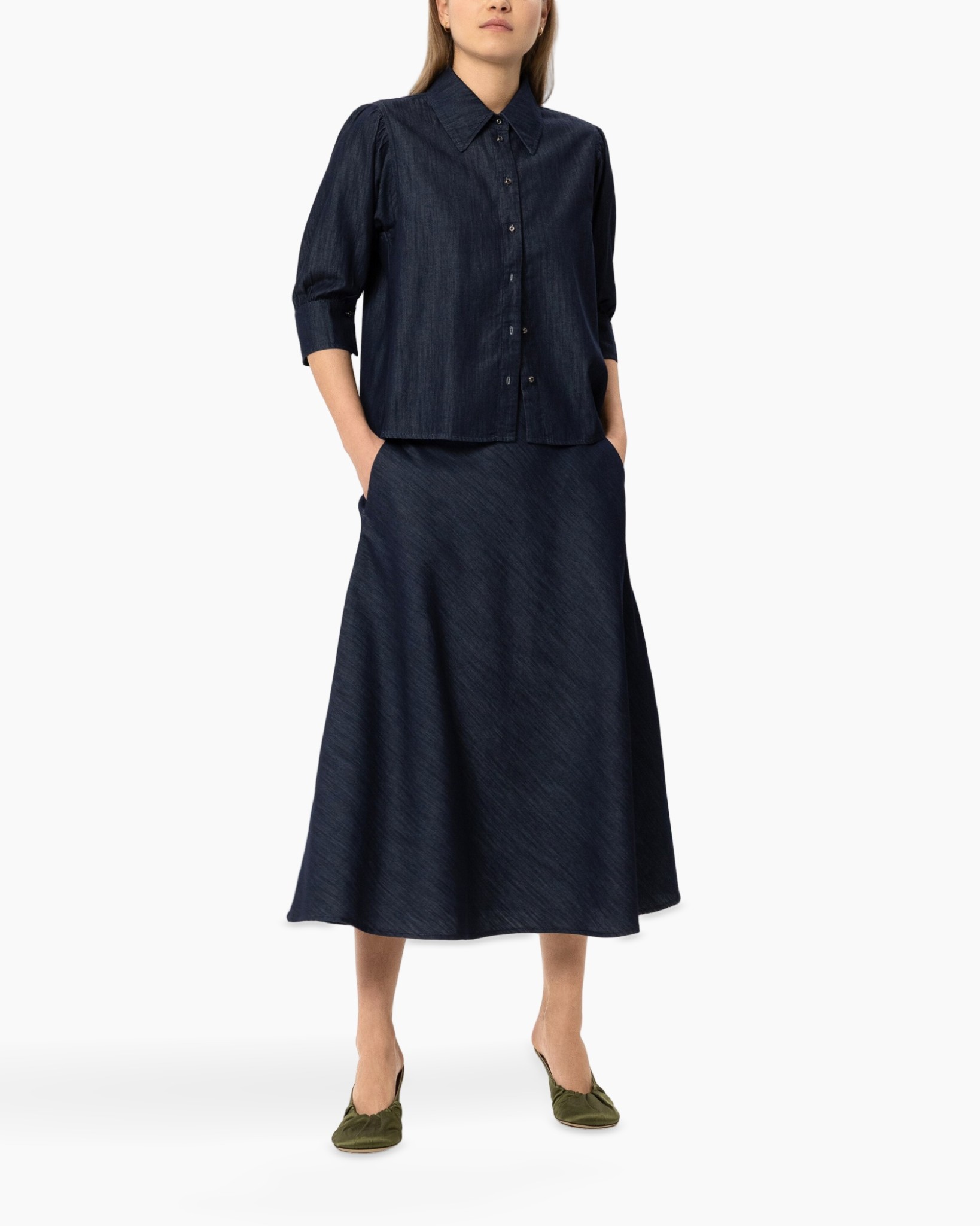 denim, knopsluiting, kraag, langerok, zakken