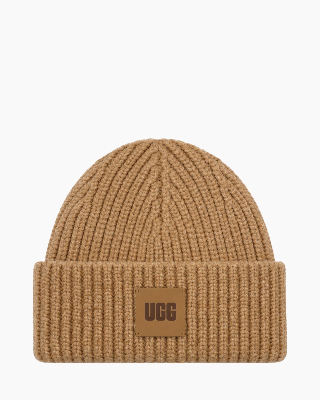 gebreide muts, geribd, camelbruin, omgeslagen rand, logopatch