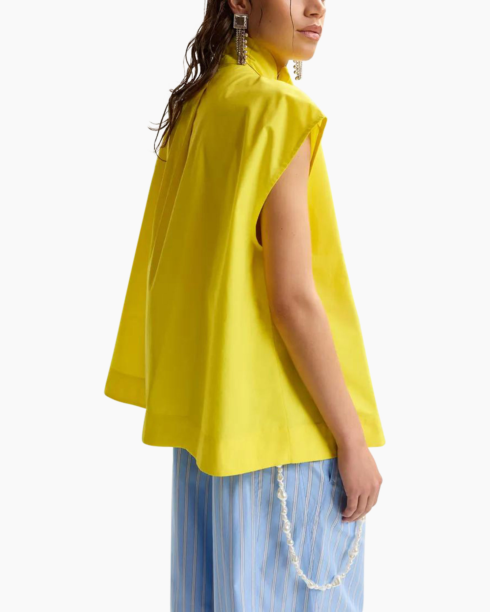yellow blouse, short sleeves, bow tie, collared top, lightweight fabric
