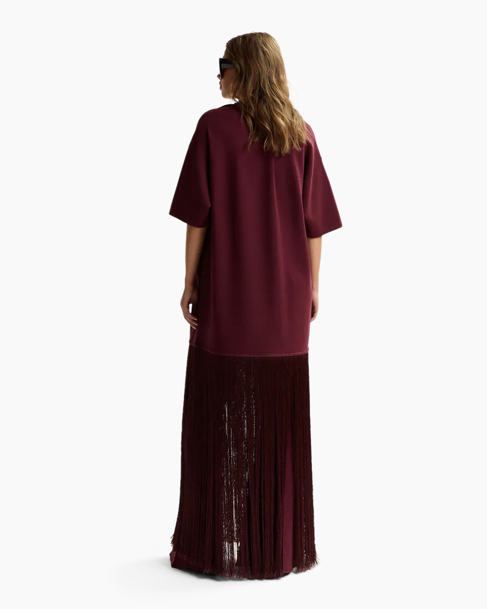 jurk, bordeaux, lang, fringes, mouwen?