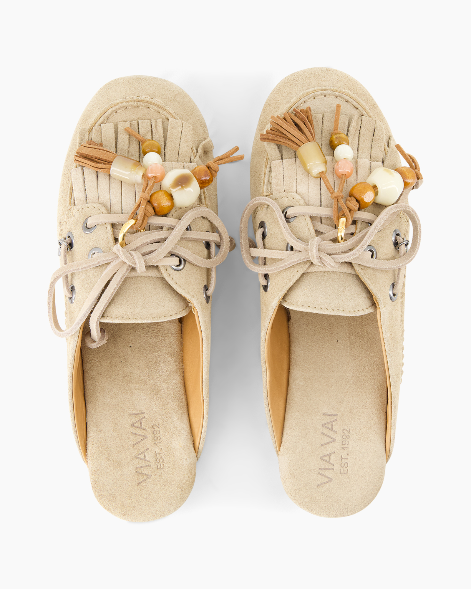sandalen, slip-ons, ketting met kralen, tassels, suède leer
