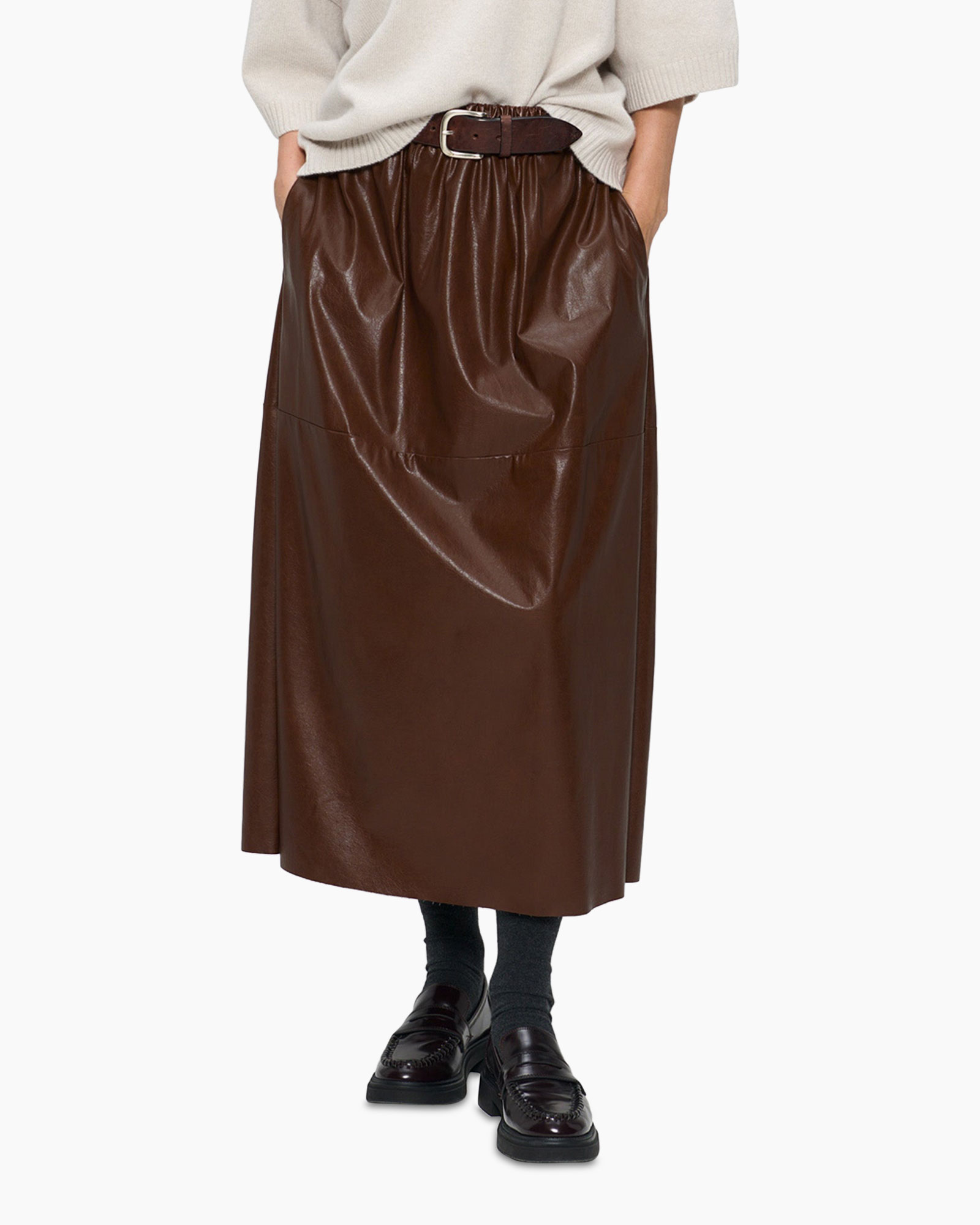rok, leer, bruin, middellang, riem