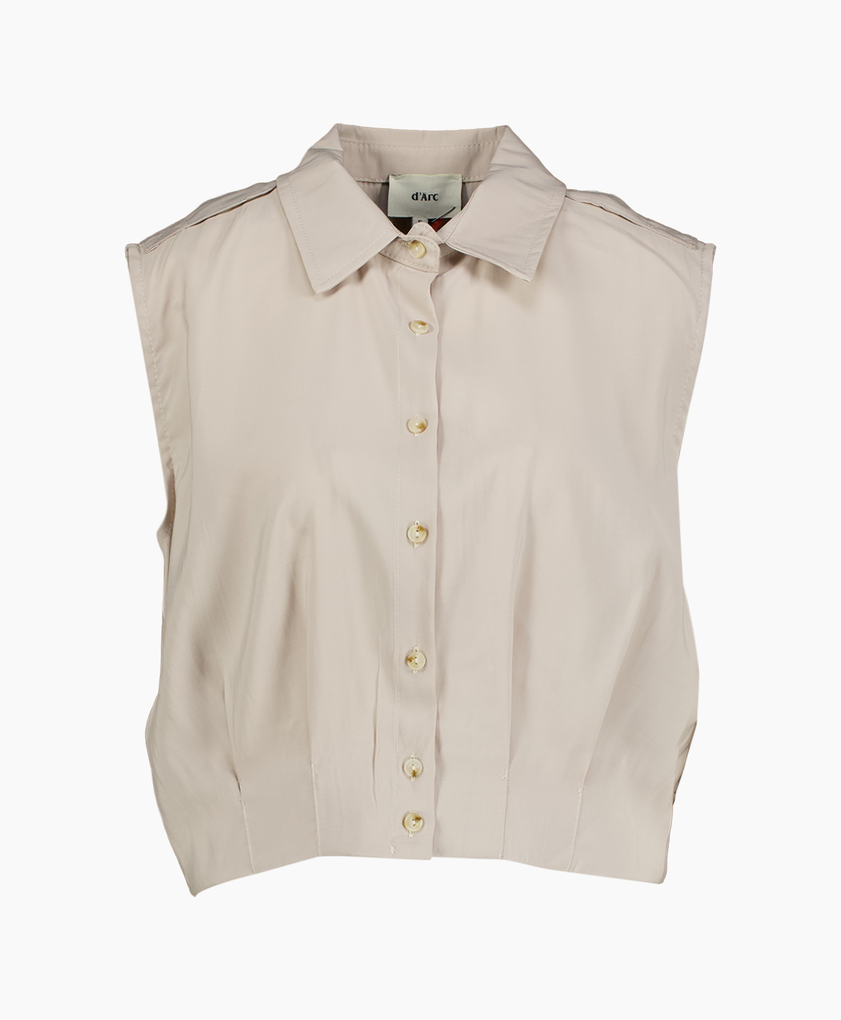 knopsluiting, mouwloos, beige, kraag, blouse