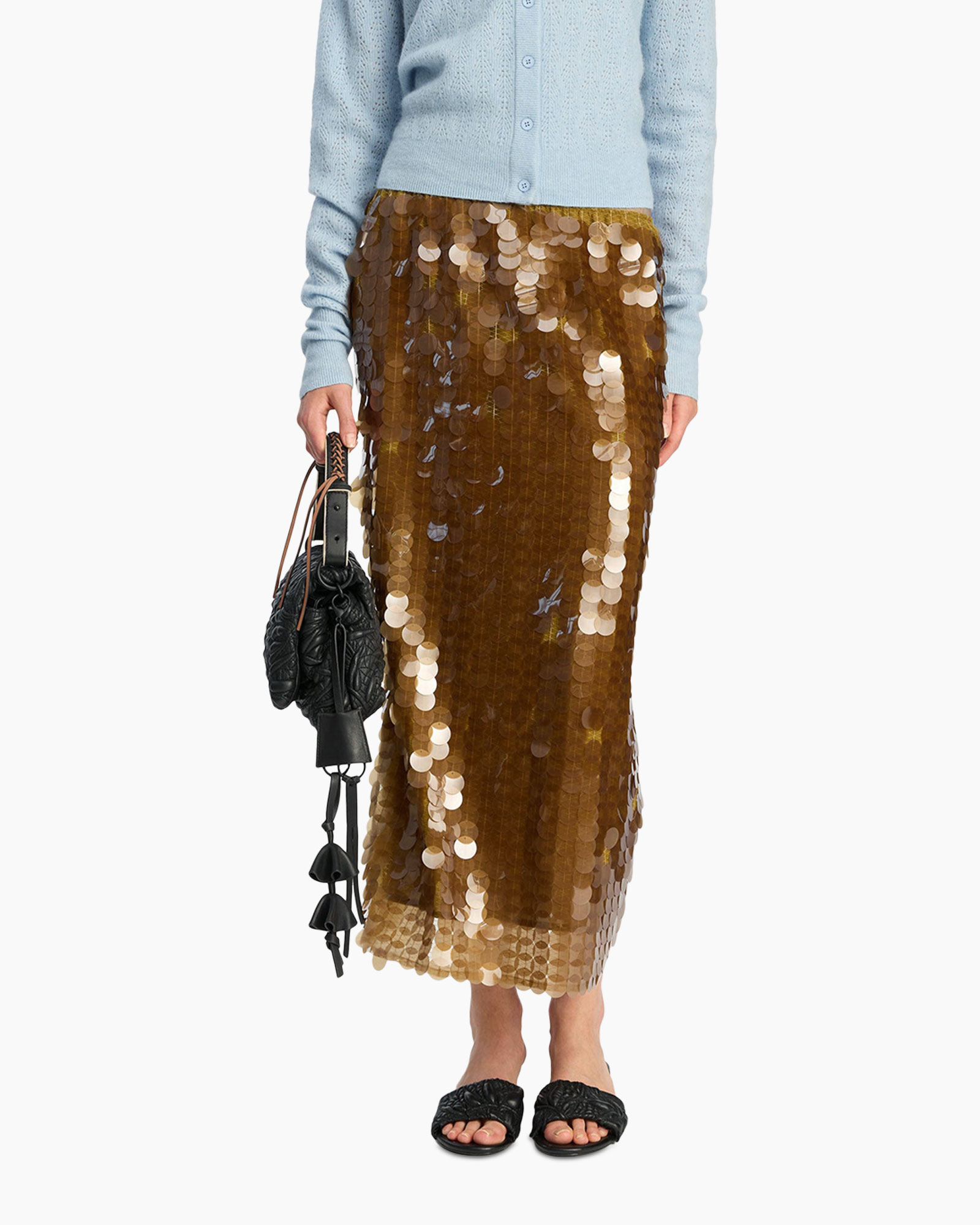 skirt, sequins, metallic, brown, midi