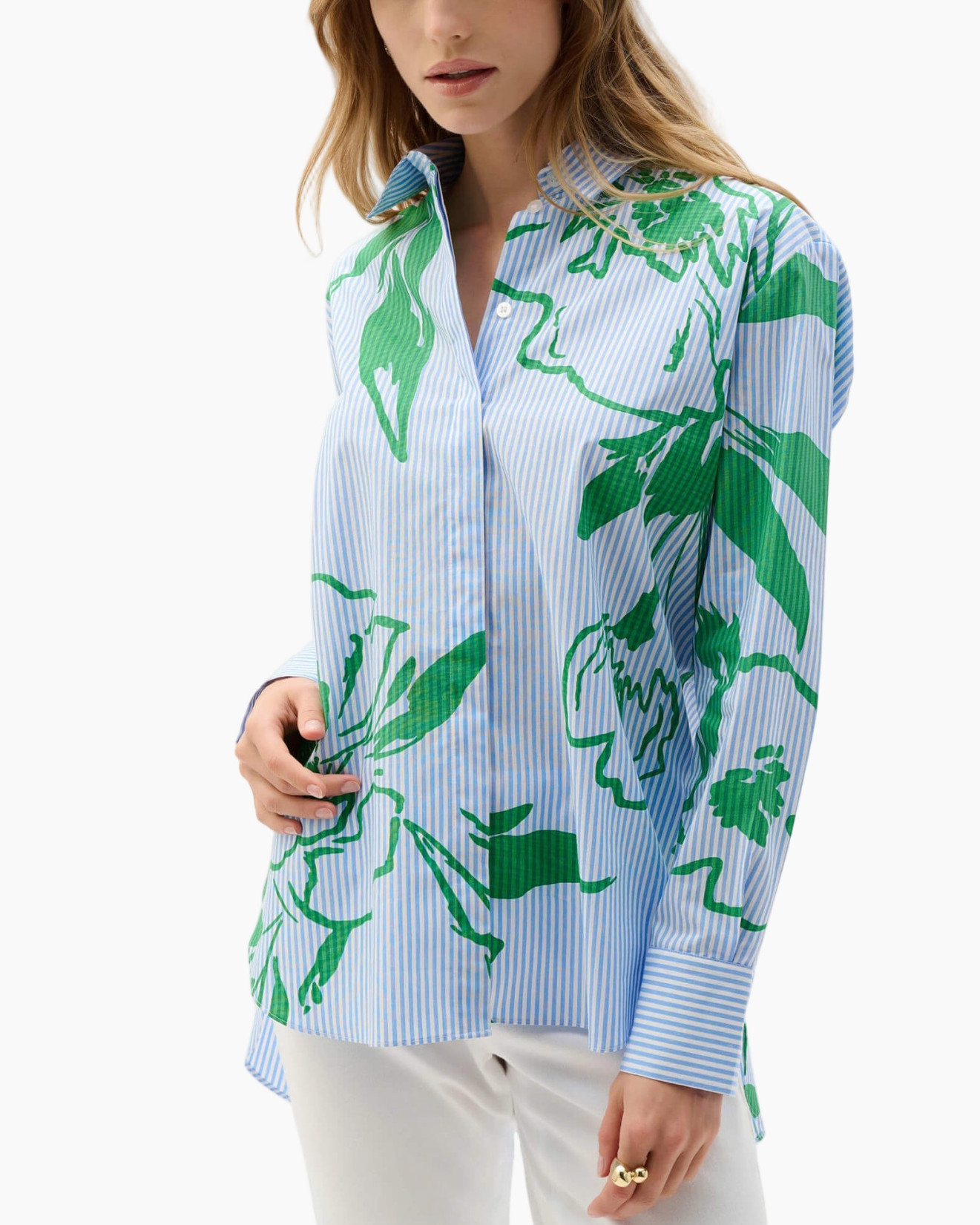 shirt, blouse, striped, green print, long sleeve